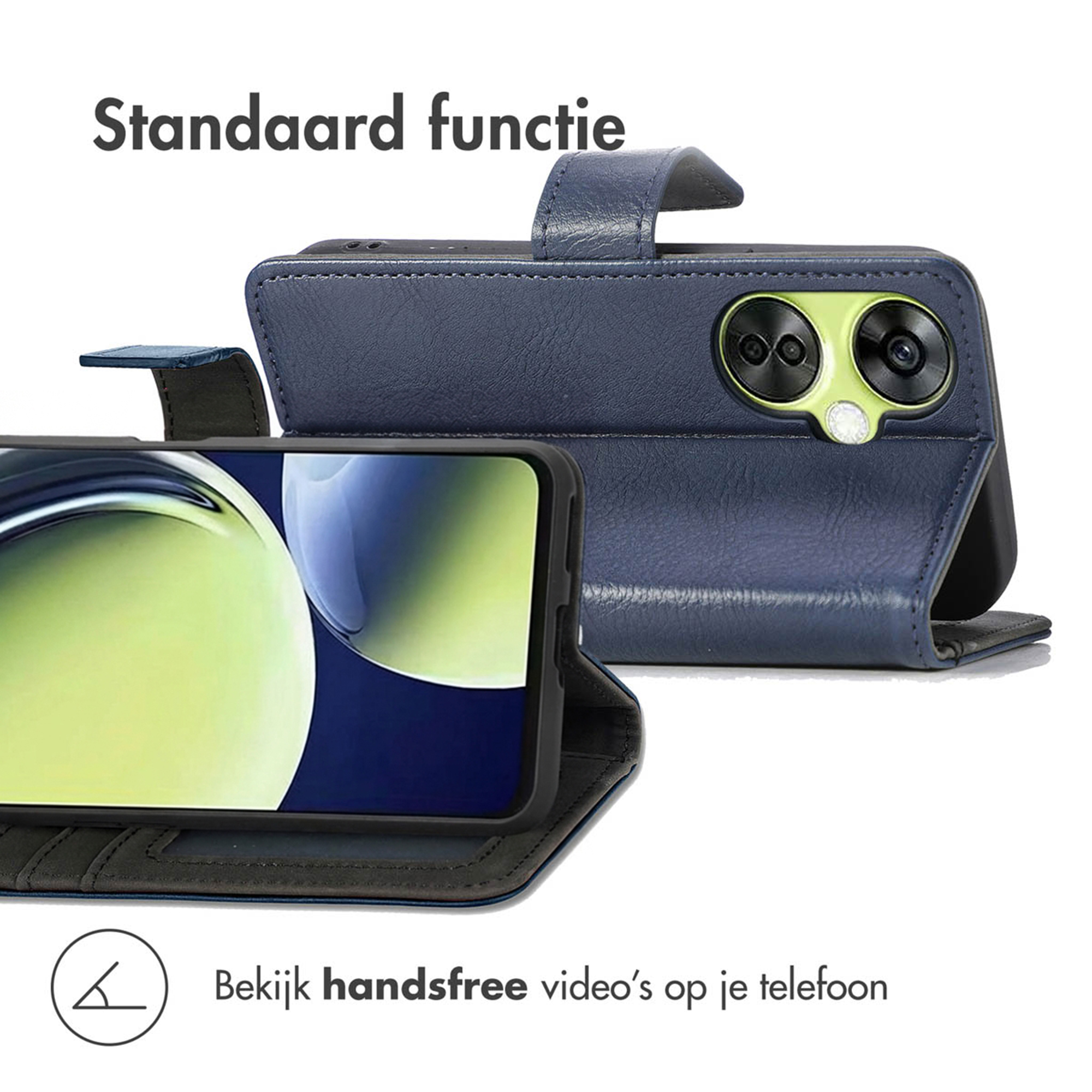 Custodia blu per telefono con funzione stand e area fotocamera.