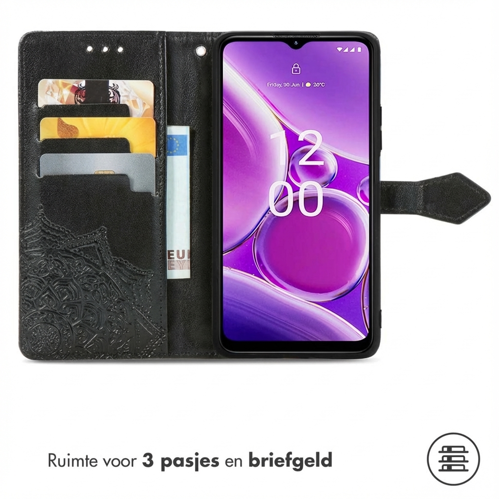 Étui portefeuille noir pour téléphone avec fentes pour cartes et poche à billets.