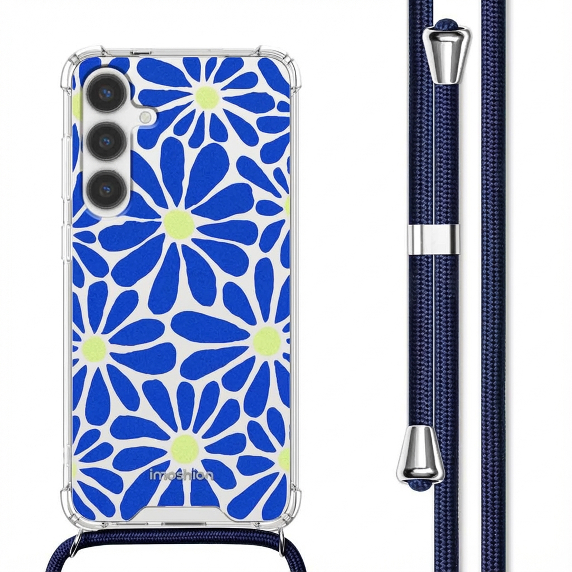 Coque de téléphone bleue et blanche à motif floral et cordon.