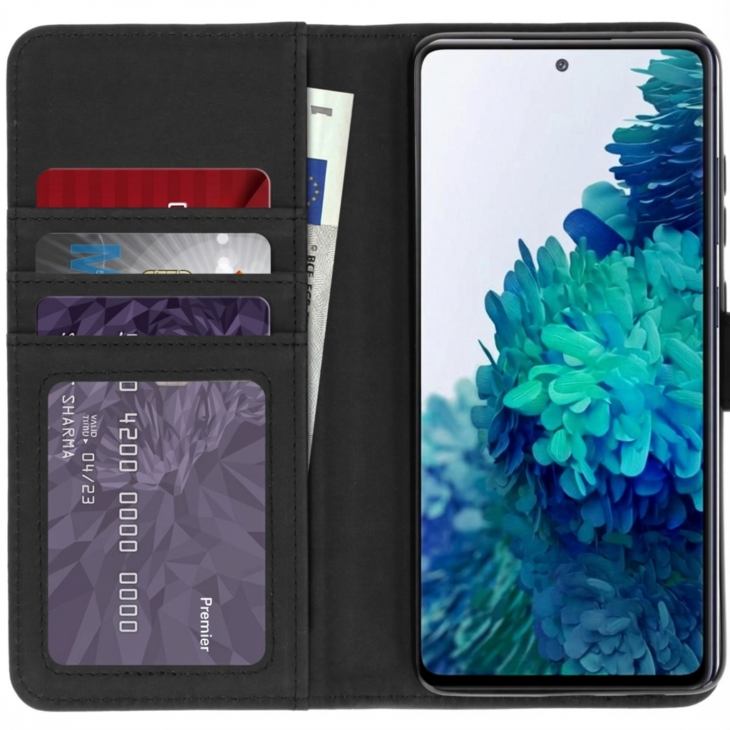 Un portefeuille de téléphone noir avec fentes pour cartes, argent et un smartphone avec fond bleu.