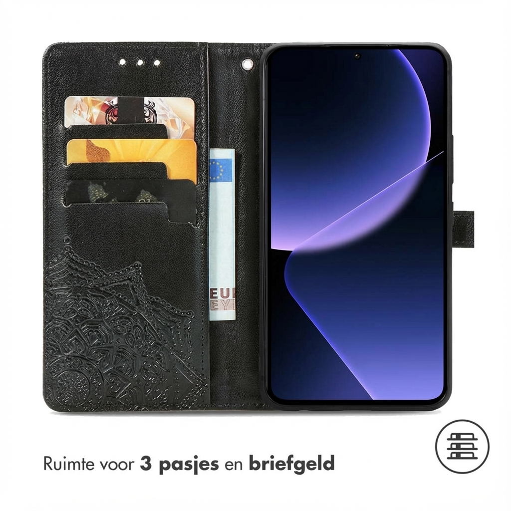 Zwarte portemonneehoes met telefoon, kaarten en contant geld. Reliëfpatroon.