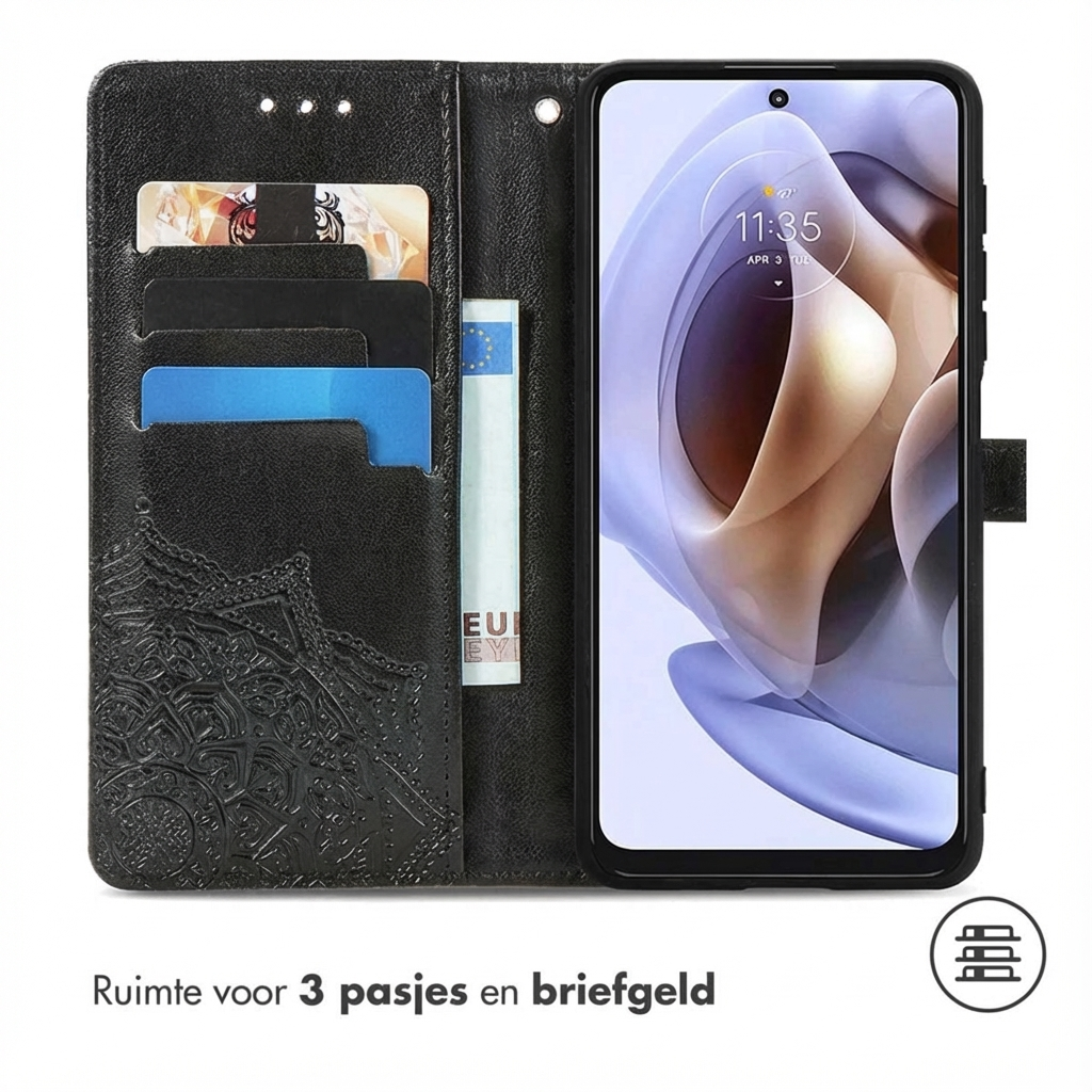 Zwart telefoonhoesje met kaarthouders en geldvak, met smartphone.