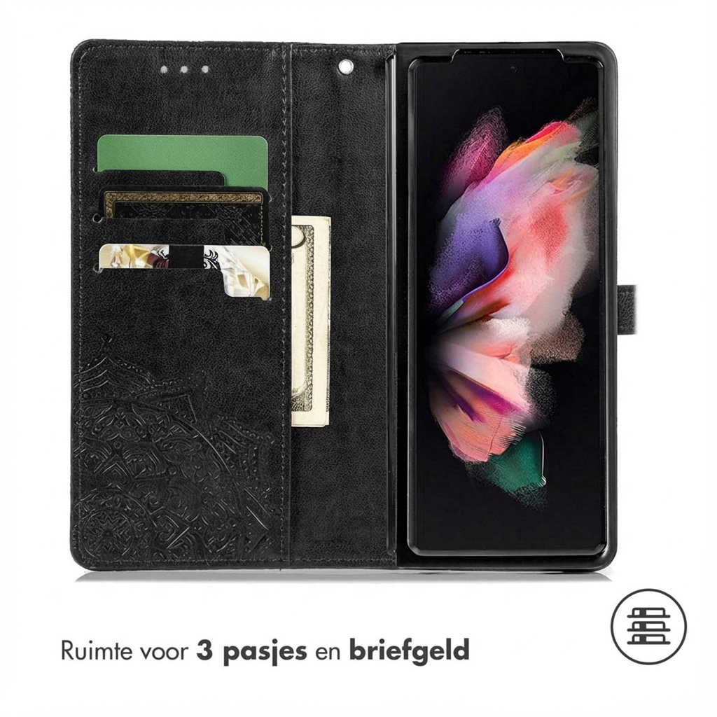 Étui de téléphone noir avec fentes pour cartes et argent. Ouvert montrant le téléphone dans le compartiment droit.