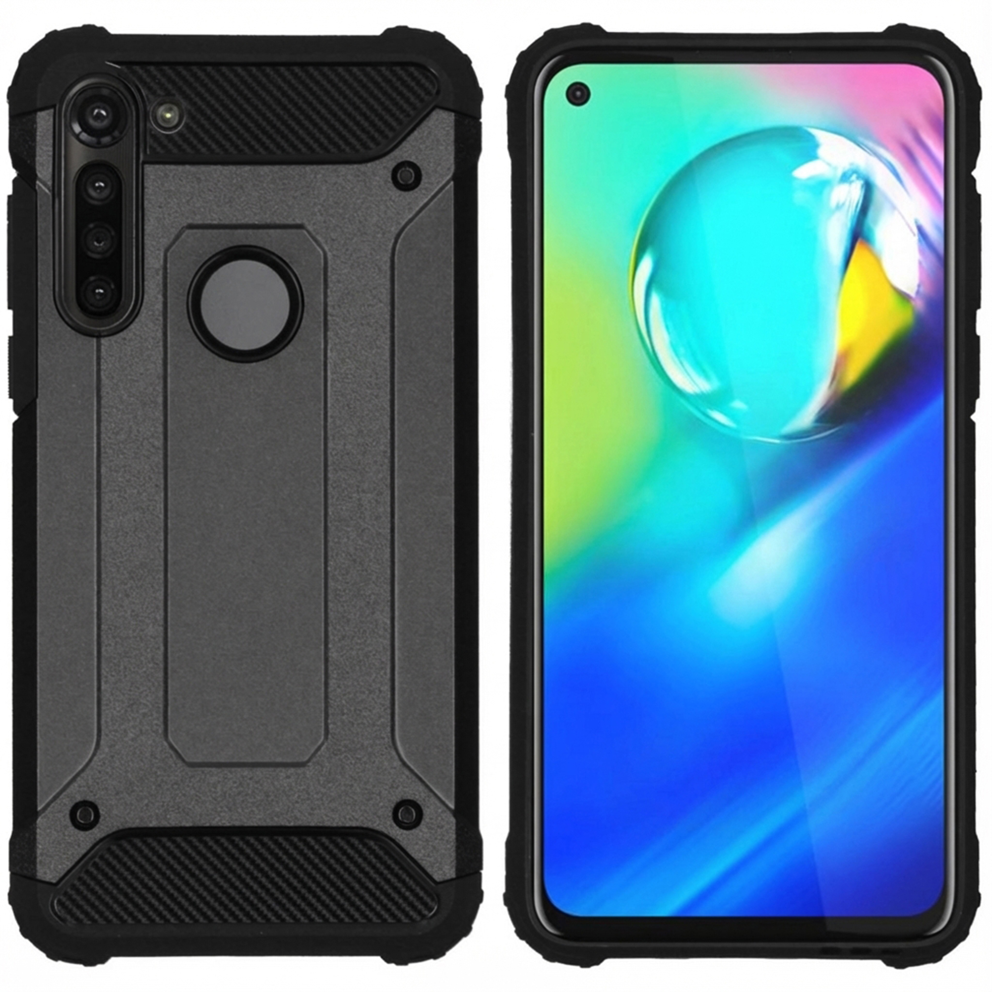 Custodia nera per telefono con fotocamera e sensore di impronte digitali, accanto uno smartphone con sfondo colorato.
