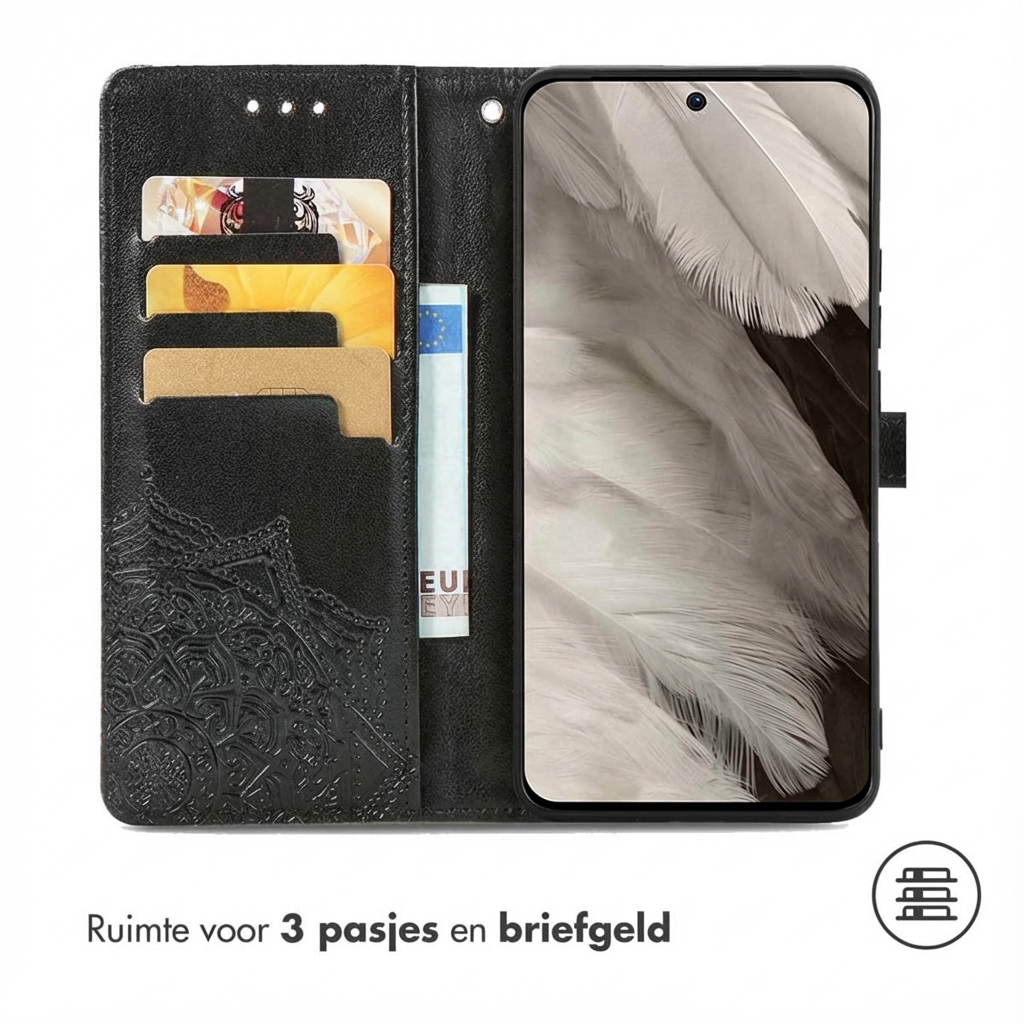 Zwarte telefoon portemonnee met kaartsleuven en geldvak. Close-up.