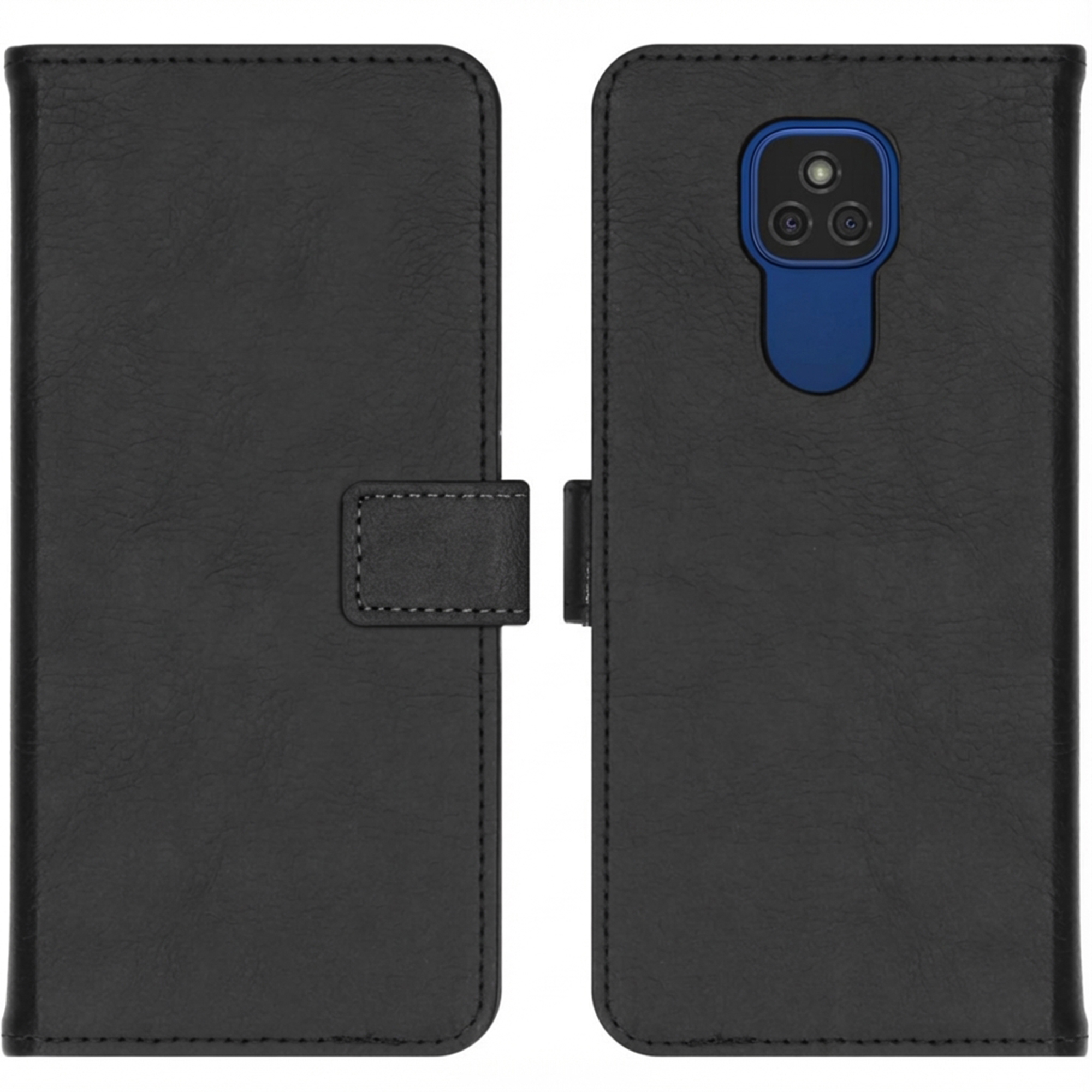 Étui portefeuille noir pour téléphone avec découpe caméra et fermeture.
