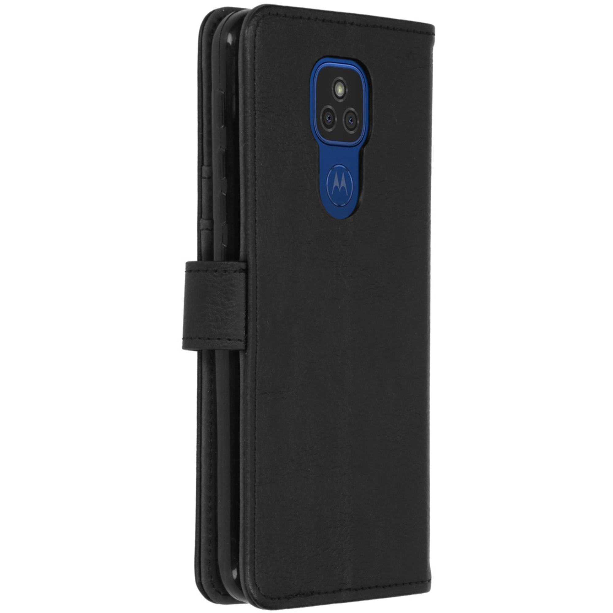 Étui de téléphone à rabat en cuir noir avec découpe caméra et logo Motorola.