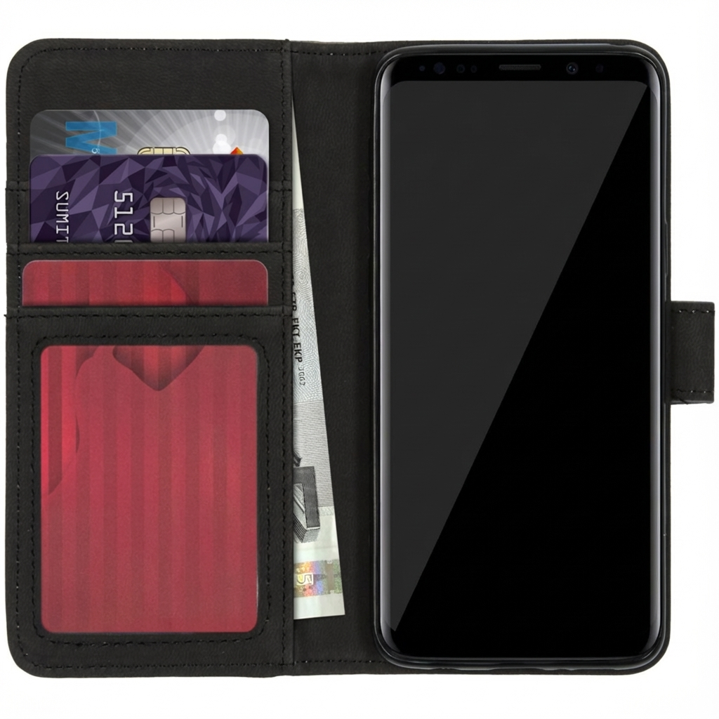 Zwarte portemonnee met telefoonsleuf, kaartsleuven en biljetvak.