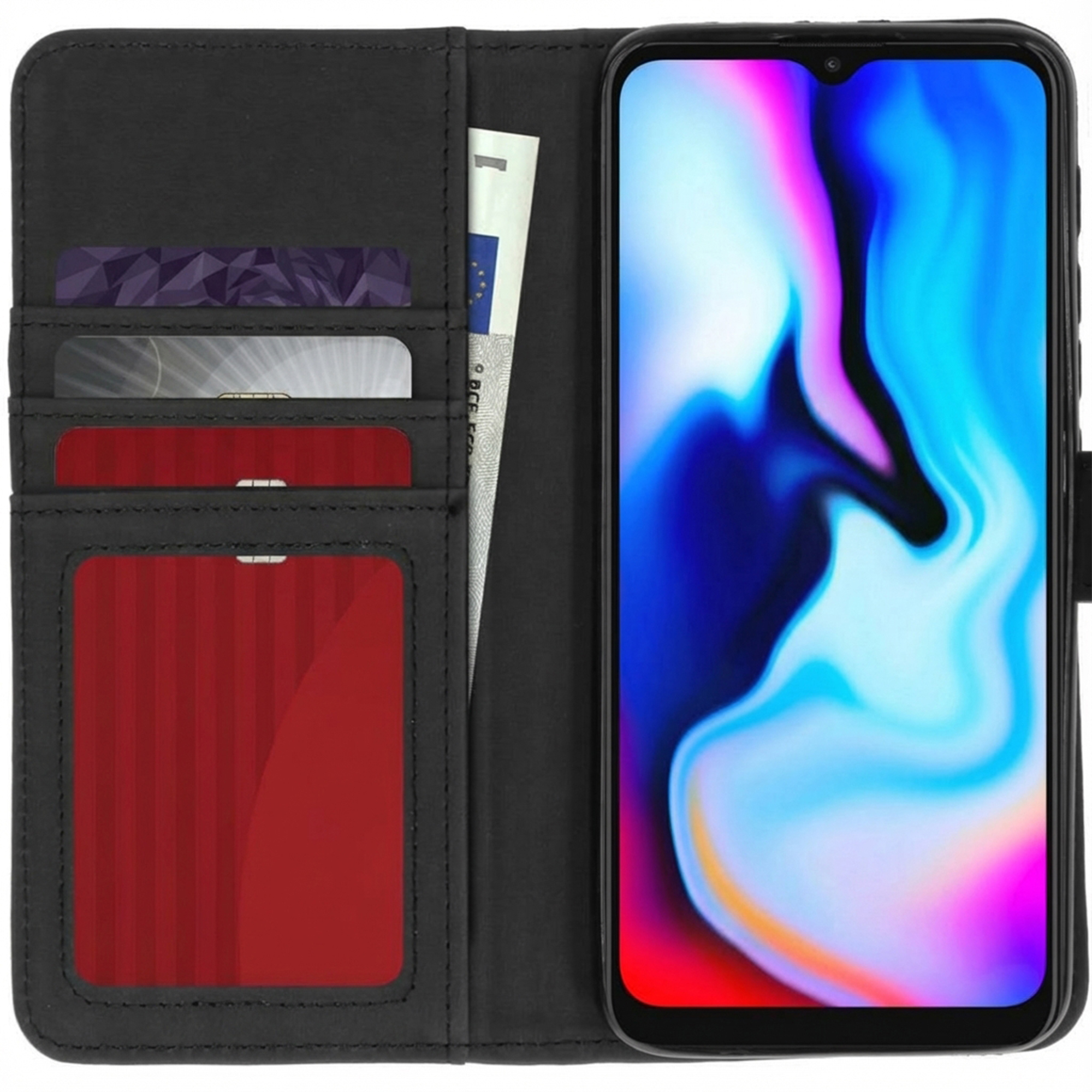 Un étui portefeuille noir pour smartphone avec des fentes pour cartes, tenant un smartphone avec un fond coloré.