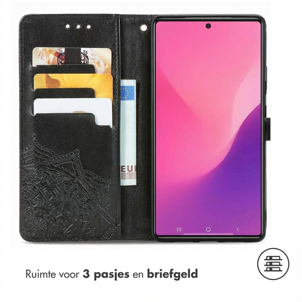 Zwarte flip telefoonhoes met kaartsleuven, bankbiljetten en een smartphone.