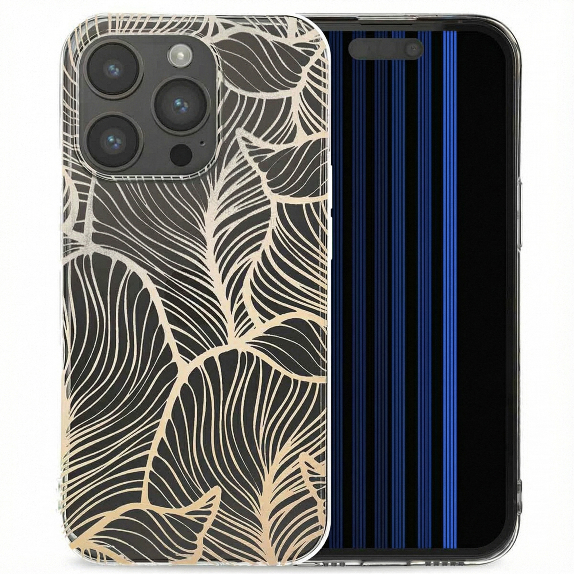 Een zwarte telefoonhoes met bladerpatroon en een telefoon met blauwe strepen.
