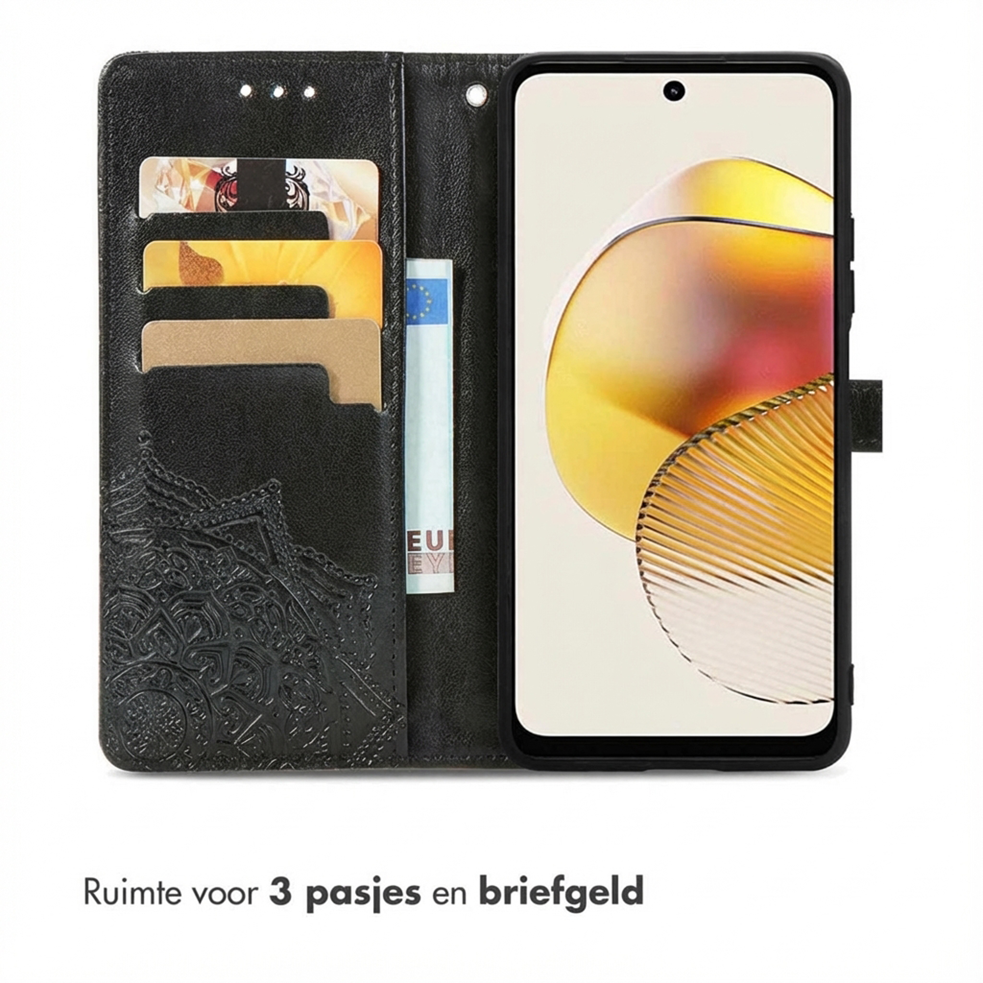 Étui de téléphone noir avec fentes pour cartes et billet, écran de smartphone affichant un motif.