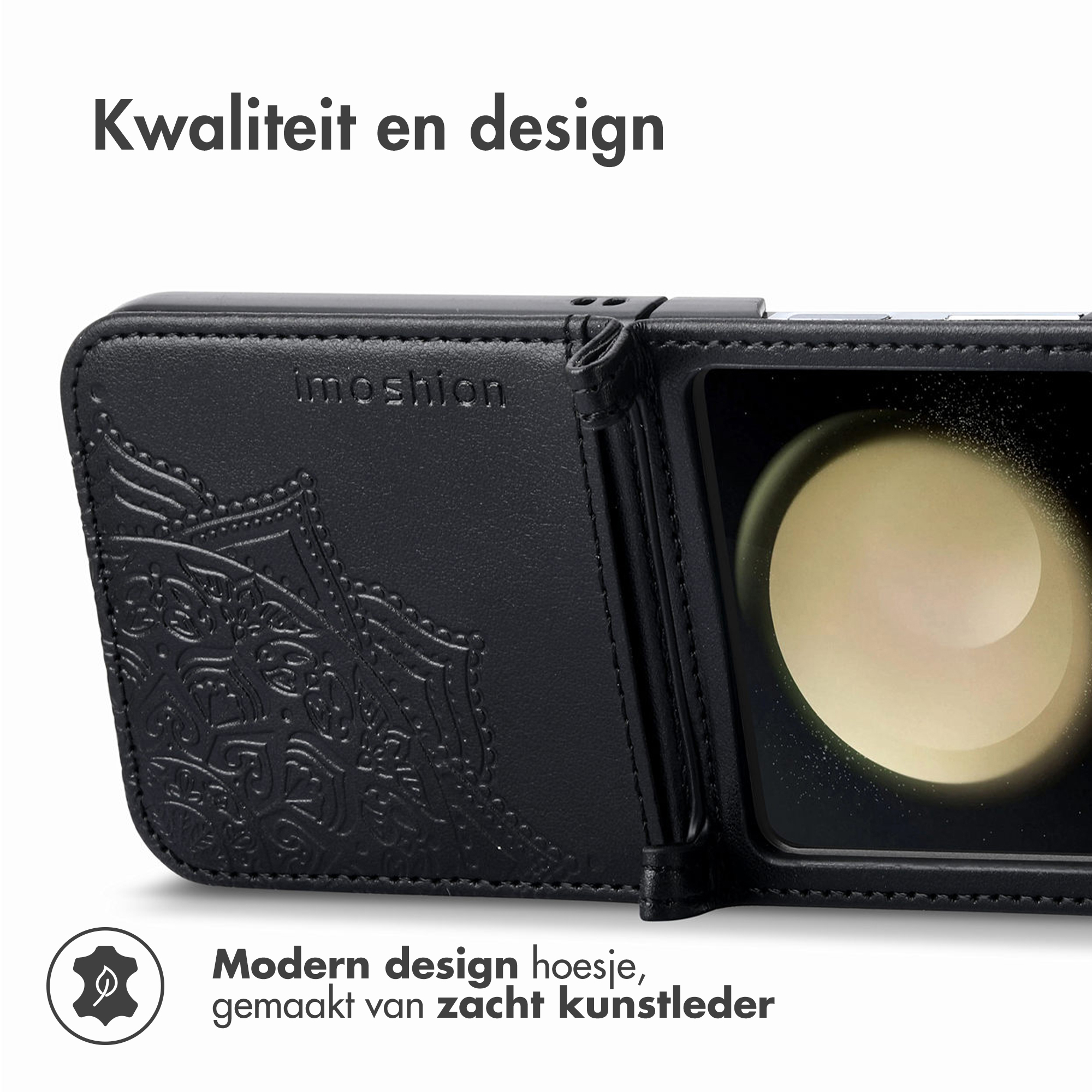 Coque de téléphone noire avec motif mandala en relief et écran.