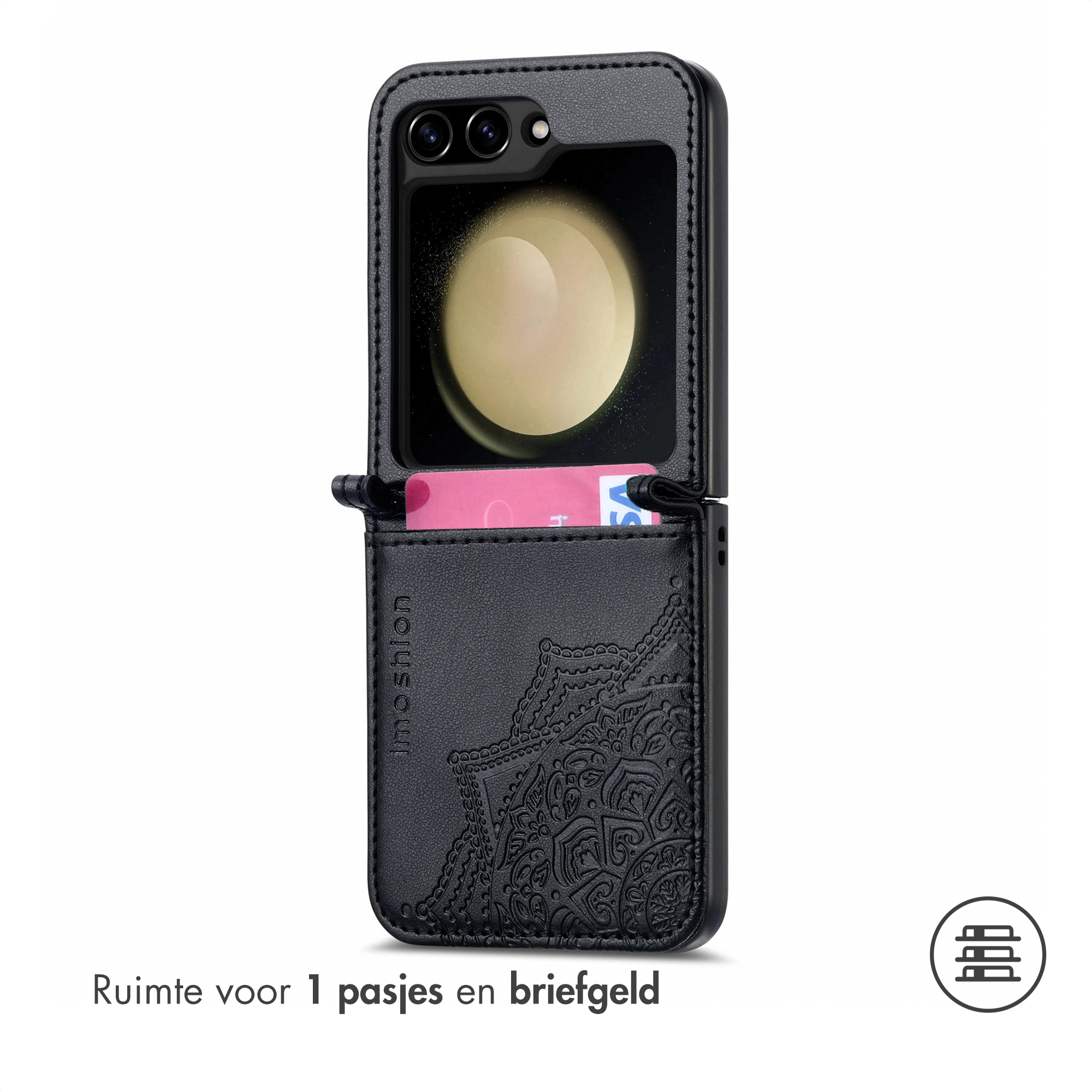 Étui à rabat en cuir noir pour téléphone avec fente pour carte.
