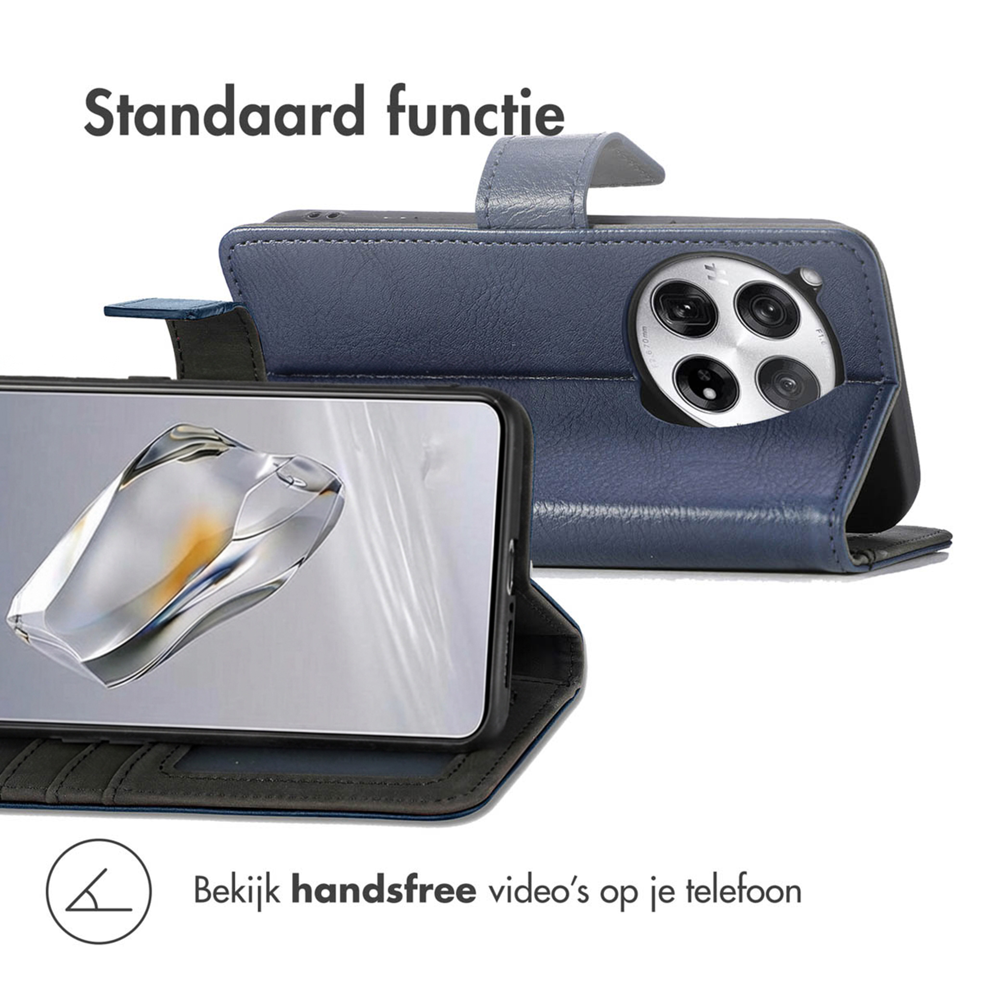 Custodia blu per telefono in funzione stand, schermo visibile.