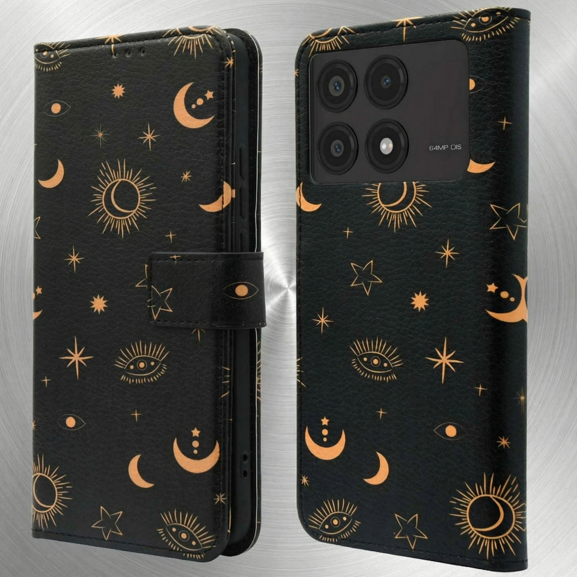 Zwarte telefoonhoes met oranje hemelse motieven zoals manen, zonnen en ogen.