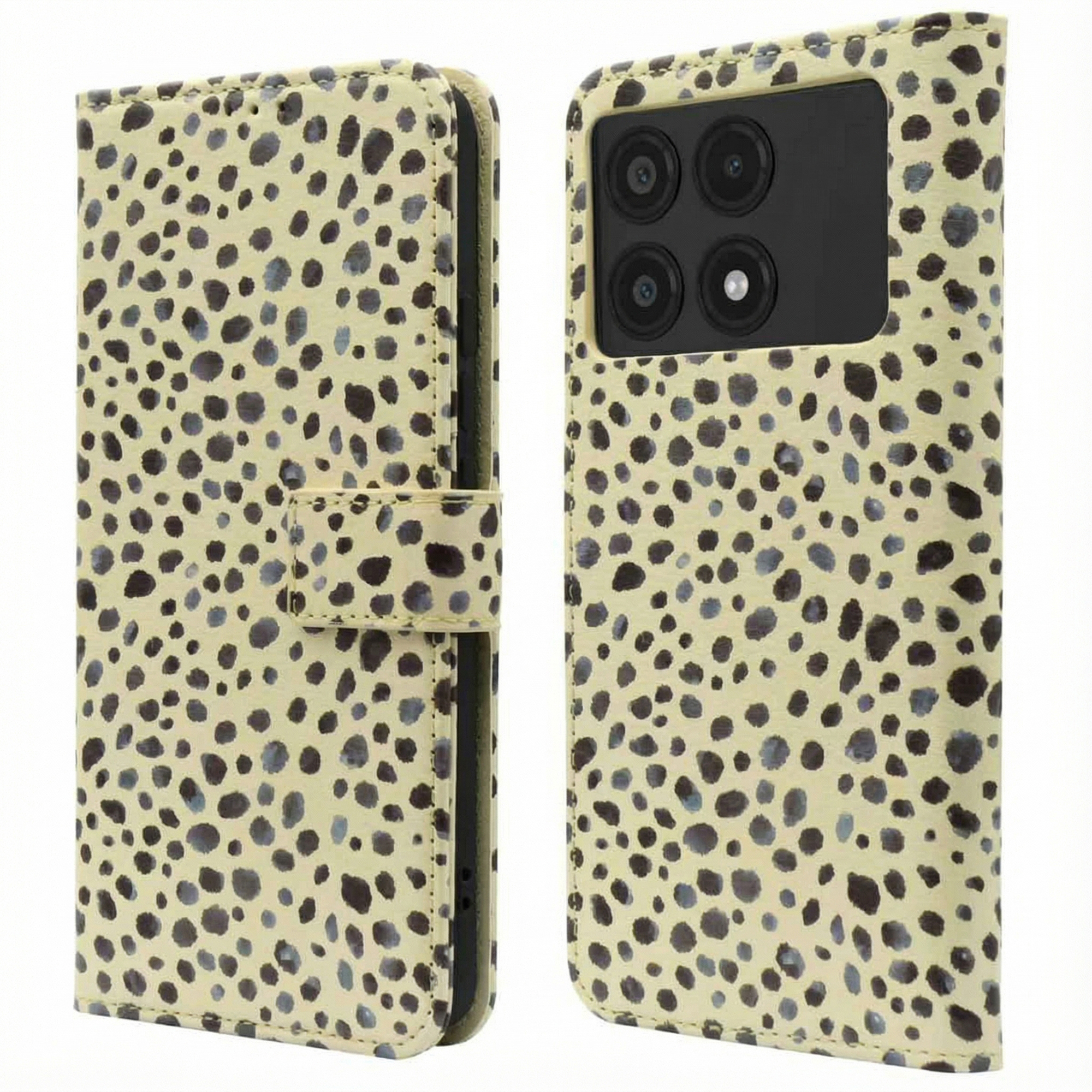 Een open telefoonhoes met gele en zwarte luipaardprint.