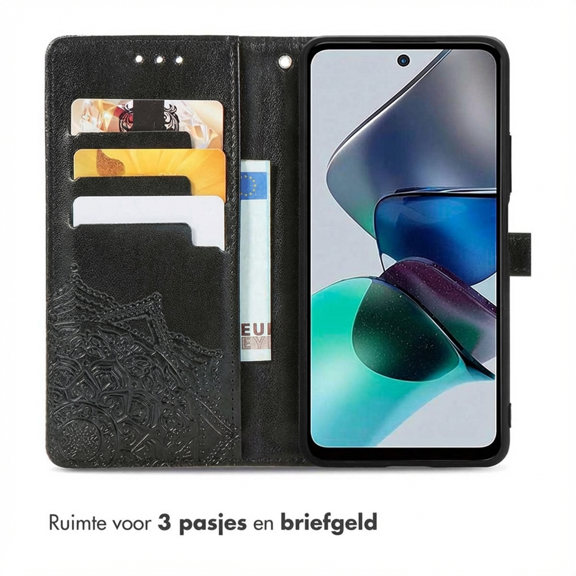 Portefeuille noir avec emplacement pour téléphone, fentes pour cartes et compartiment pour billets.