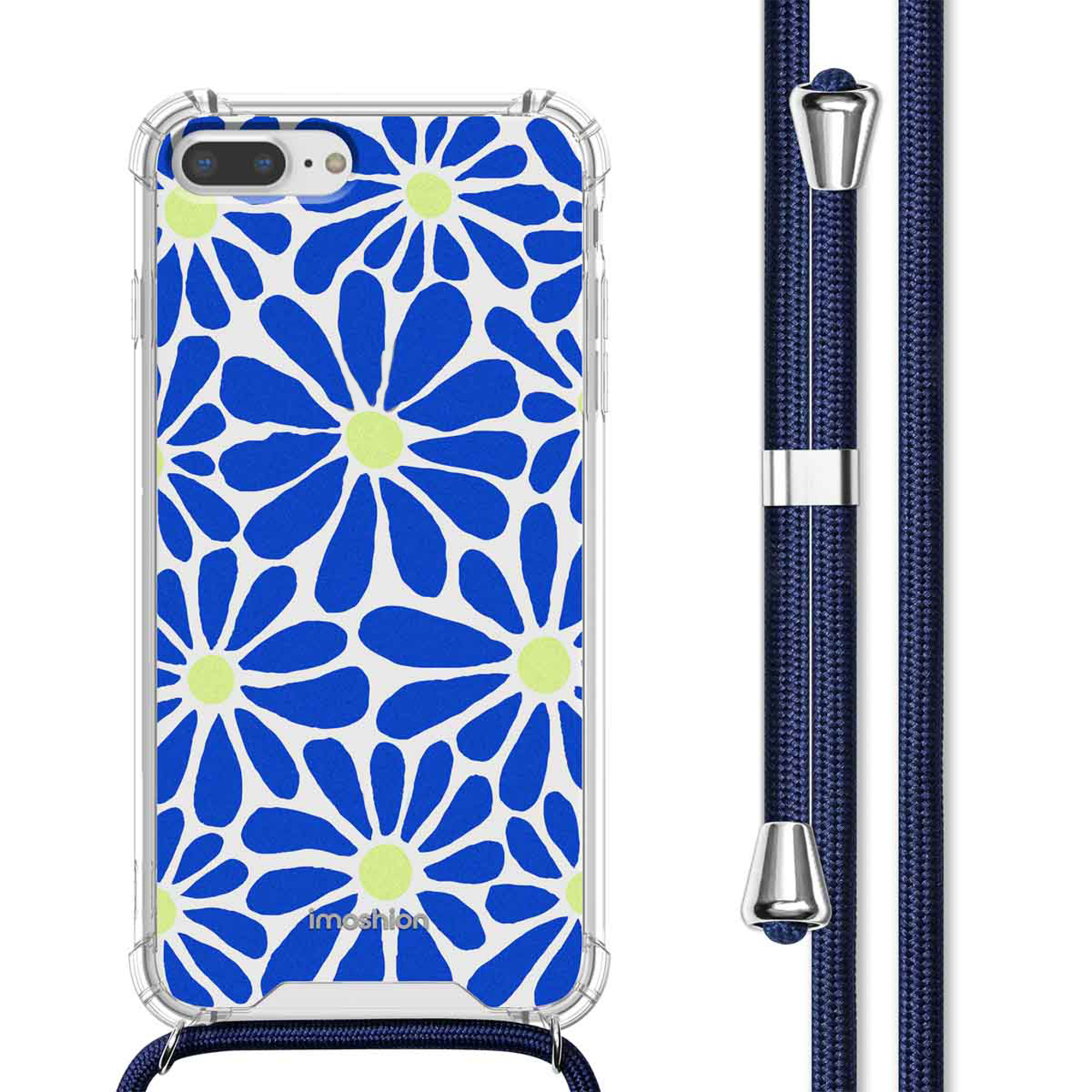 Coque de téléphone transparente avec fleurs bleues et jaunes sur fond blanc, avec cordon.
