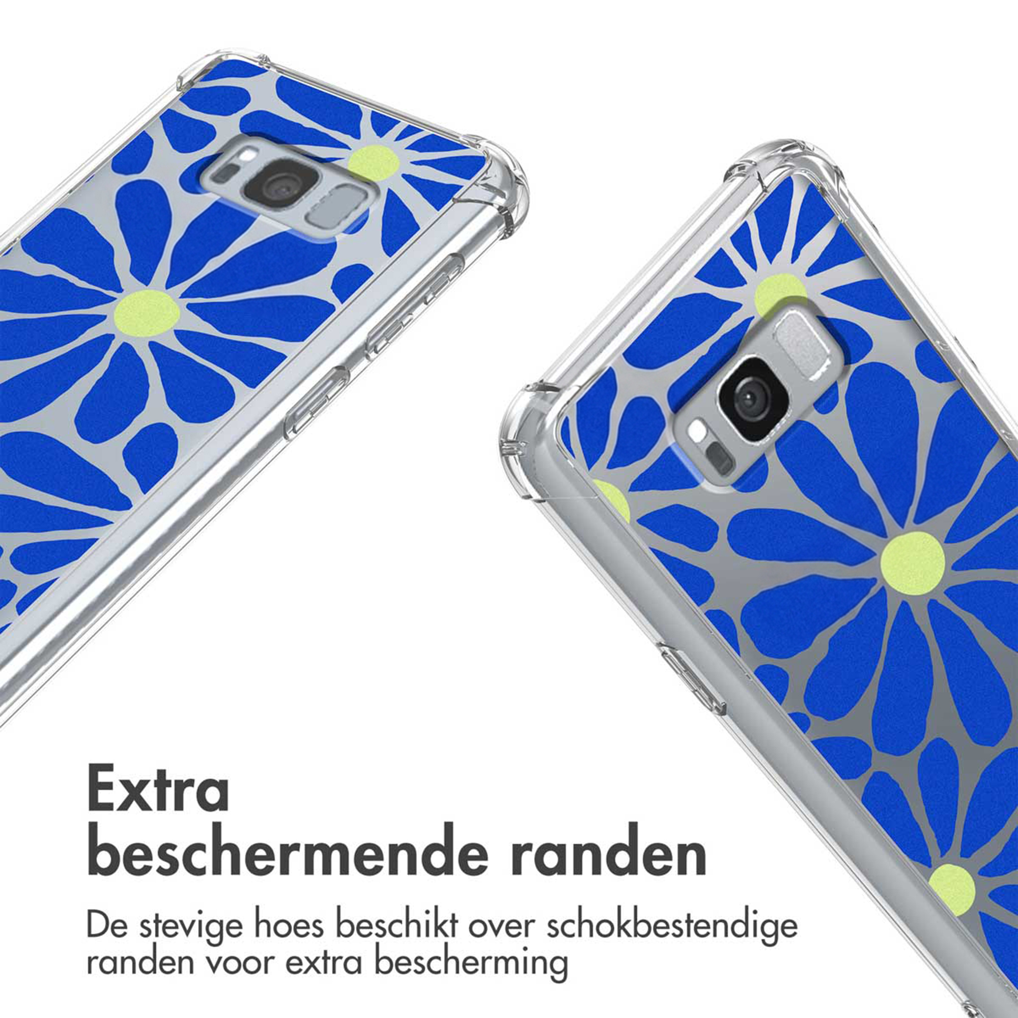 Deux coques de téléphone transparentes avec motif floral bleu et jaune sur fond blanc.