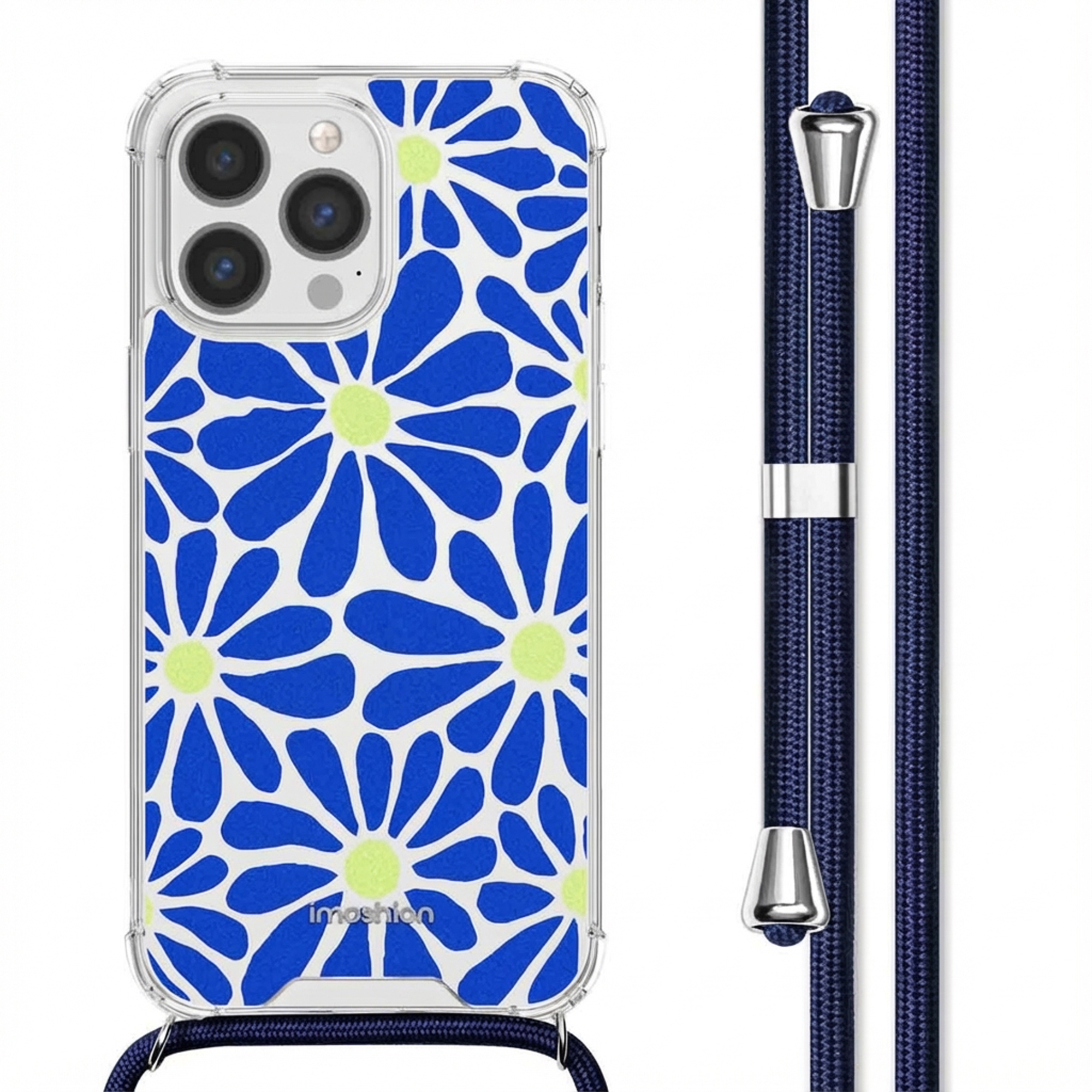 Une coque de téléphone transparente à motif floral bleu et jaune.