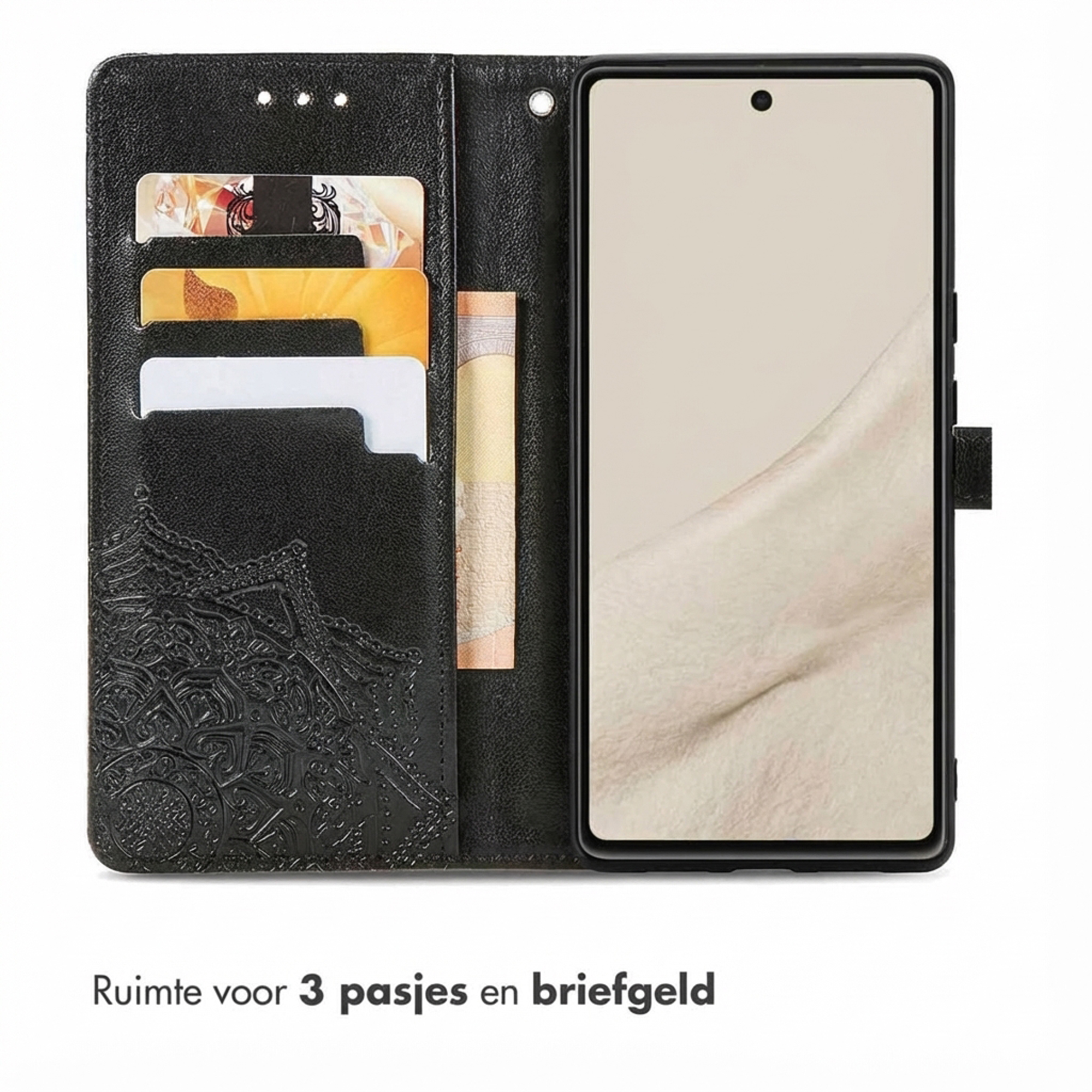 Schwarzes Handy-Wallet mit Kartenfächern und einem Handy.