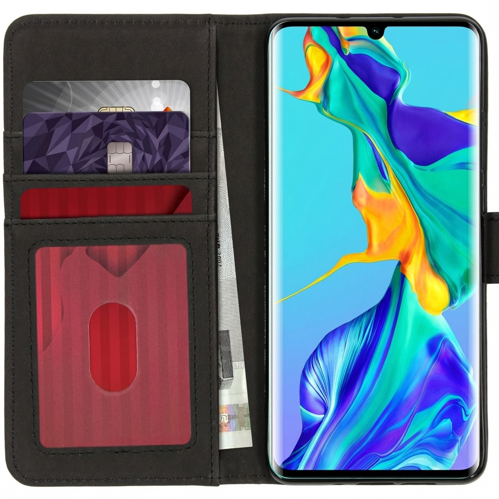 Black wallet with card slots, cash, and a smartphone with a colorful screen.