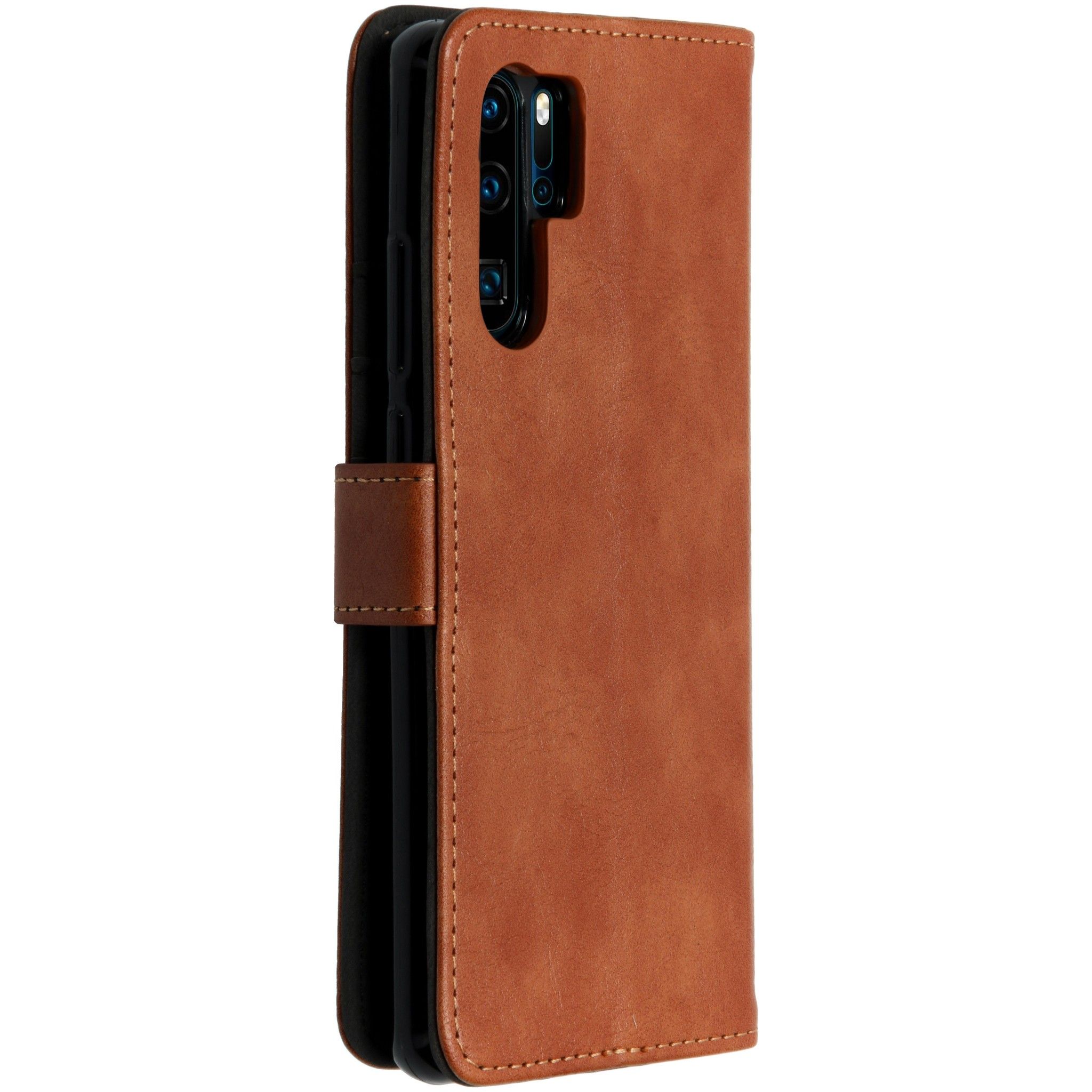 Brown leather flip case for a smartphone with a triple camera setup.