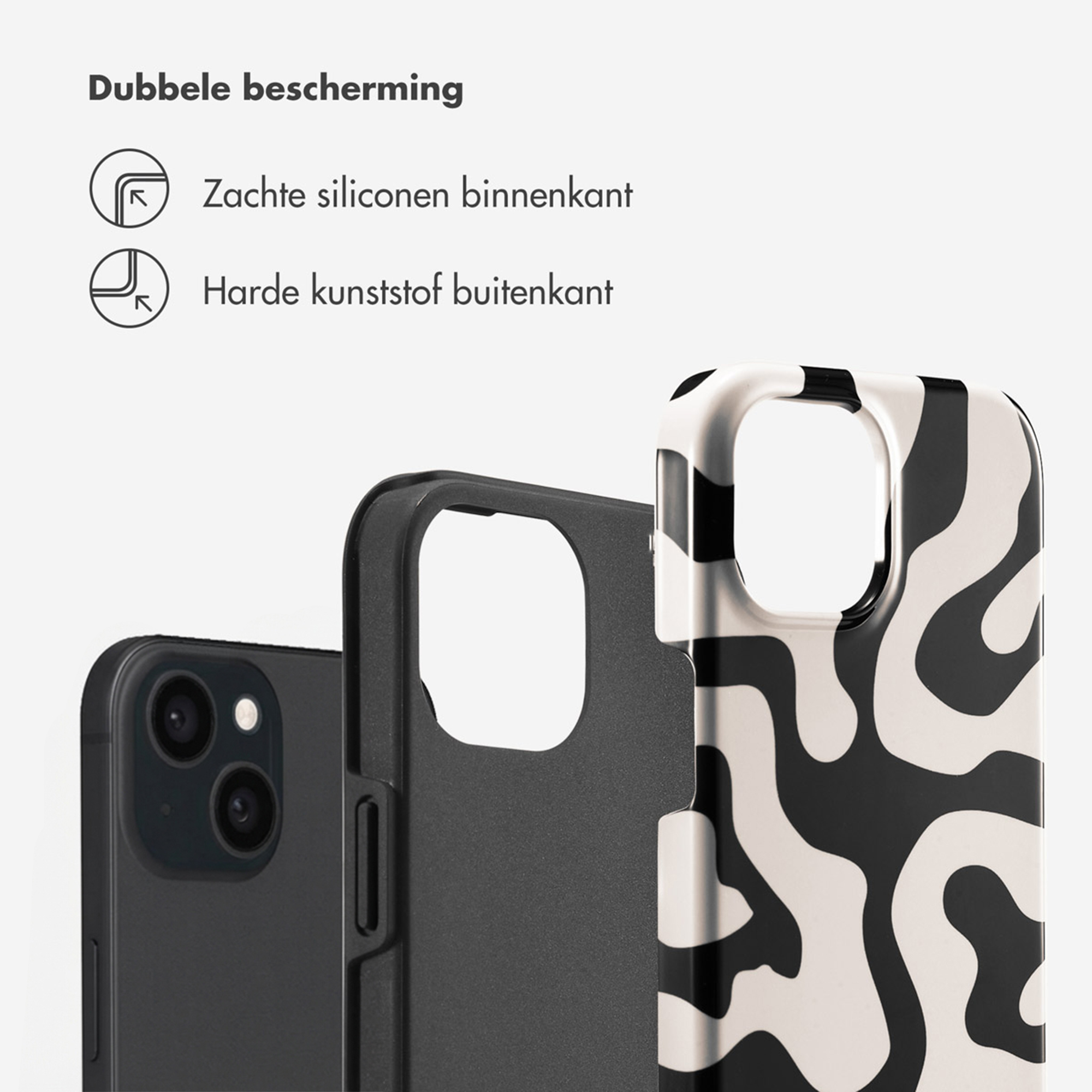 Un smartphone avec un étui noir et un étui à motif noir et blanc.