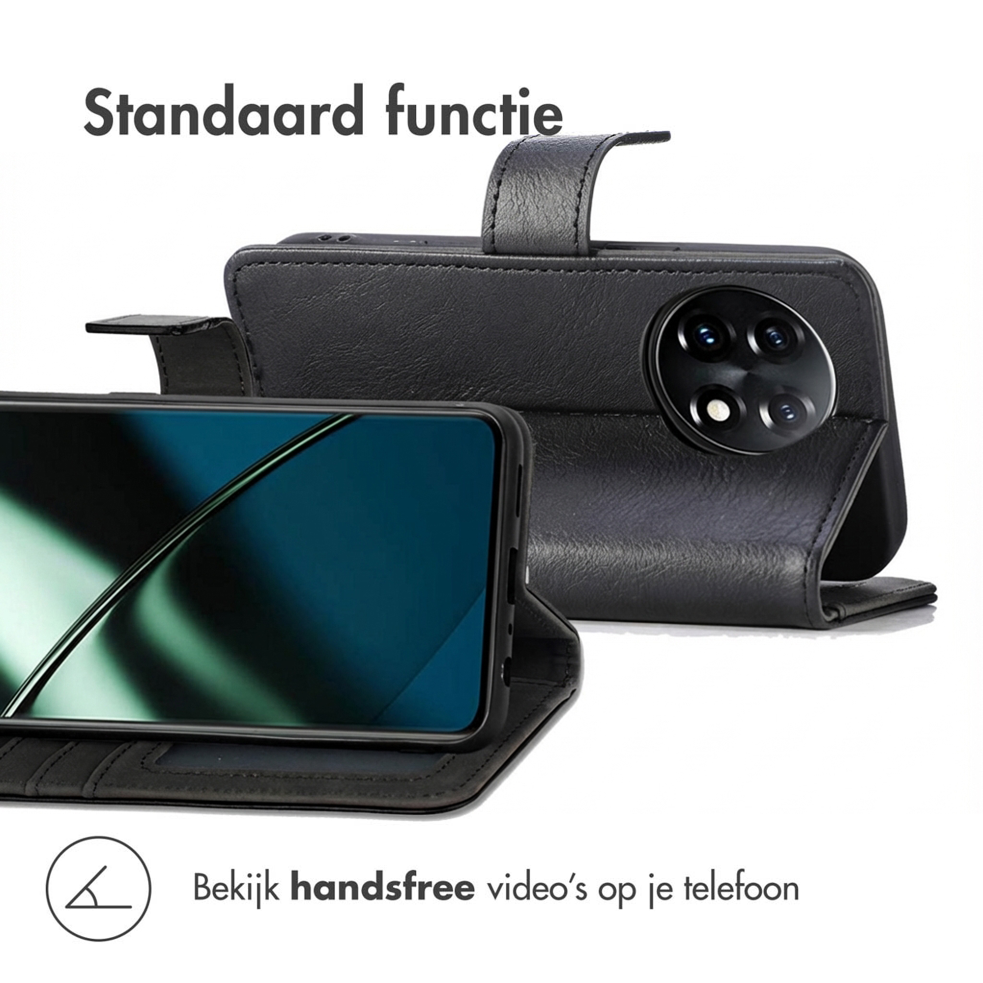 Custodia nera per telefono con funzione stand e modulo fotocamera.