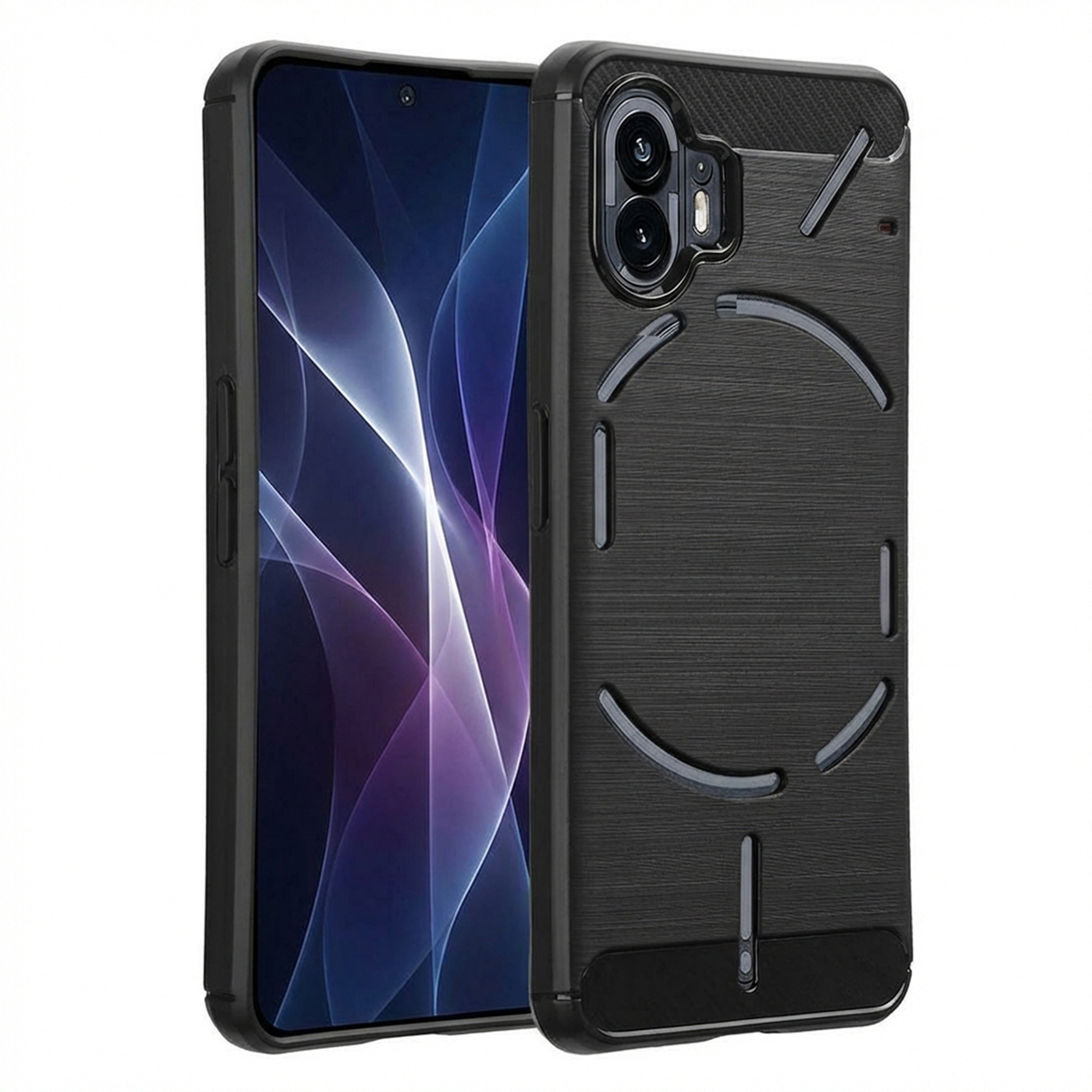 Telefono nero con motivo e obiettivi della fotocamera, accanto un telefono con schermo blu.