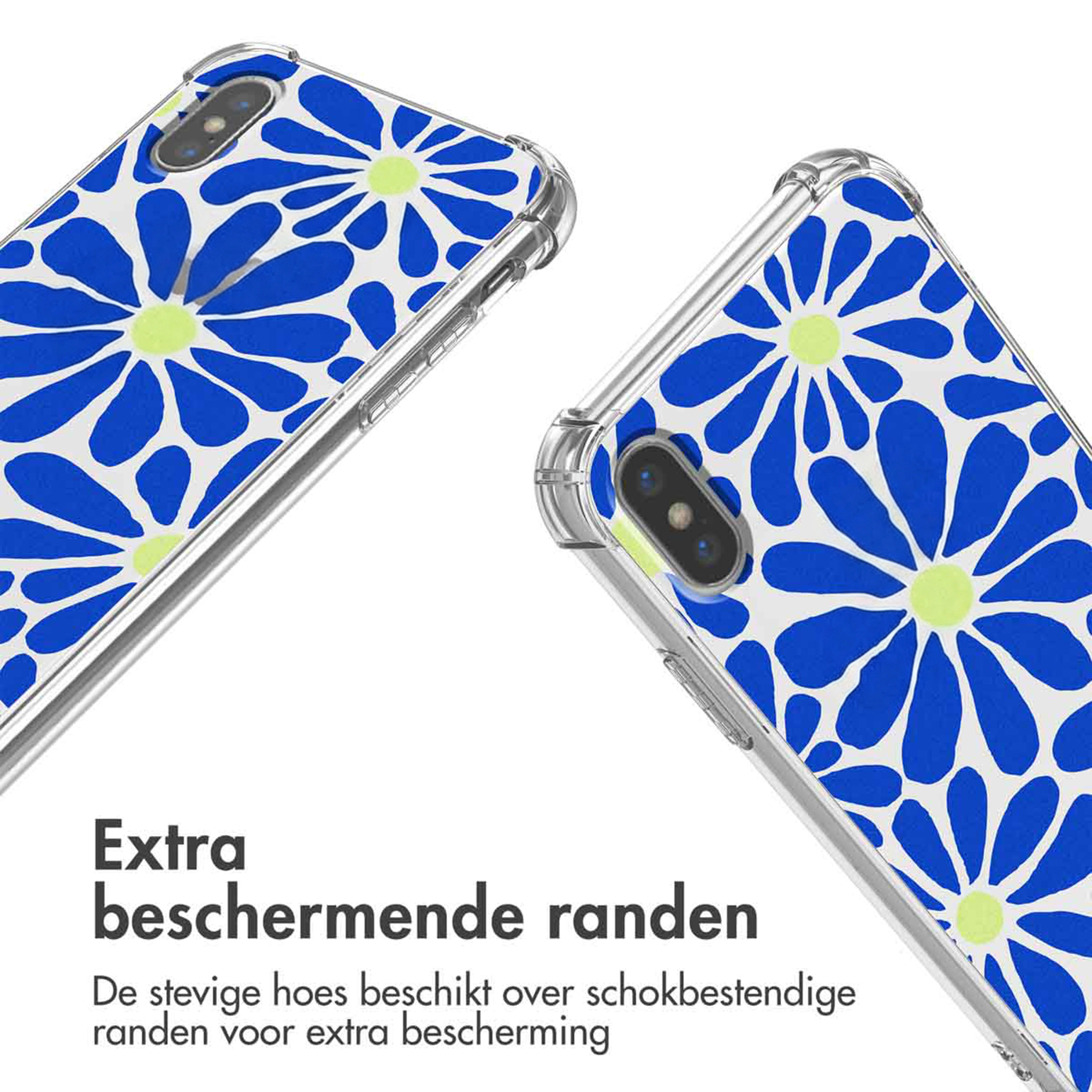 Transparante telefoonhoes met blauw-gele bloemenprint en camerabescherming.