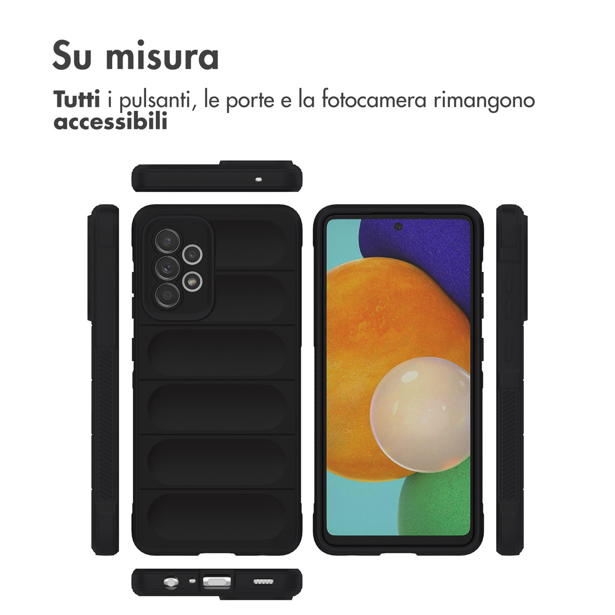Coque de téléphone noire avec découpes pour appareil photo et ports, vue sous plusieurs angles.