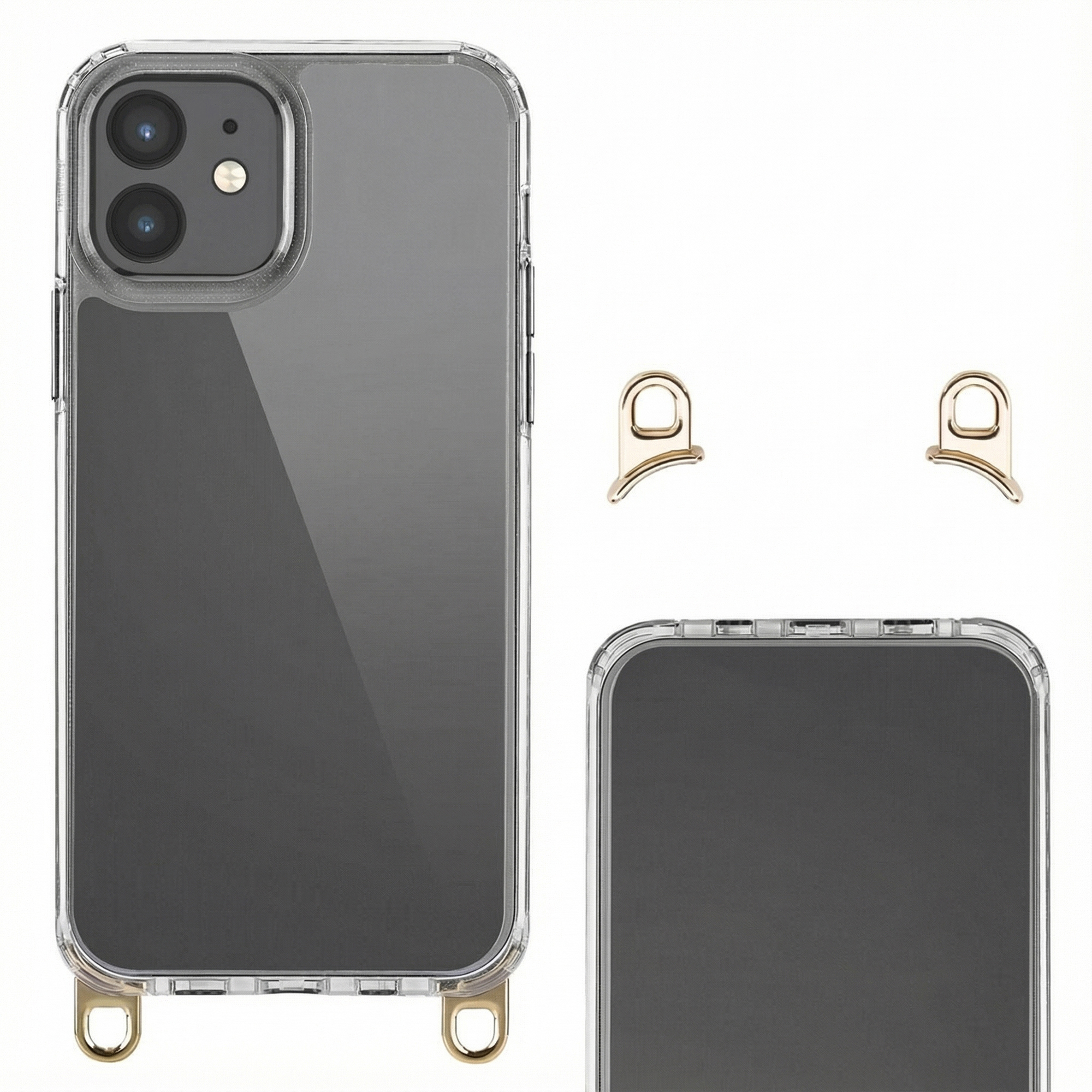 Doorzichtige iPhone hoes met gouden lus en twee losse gouden lussen.