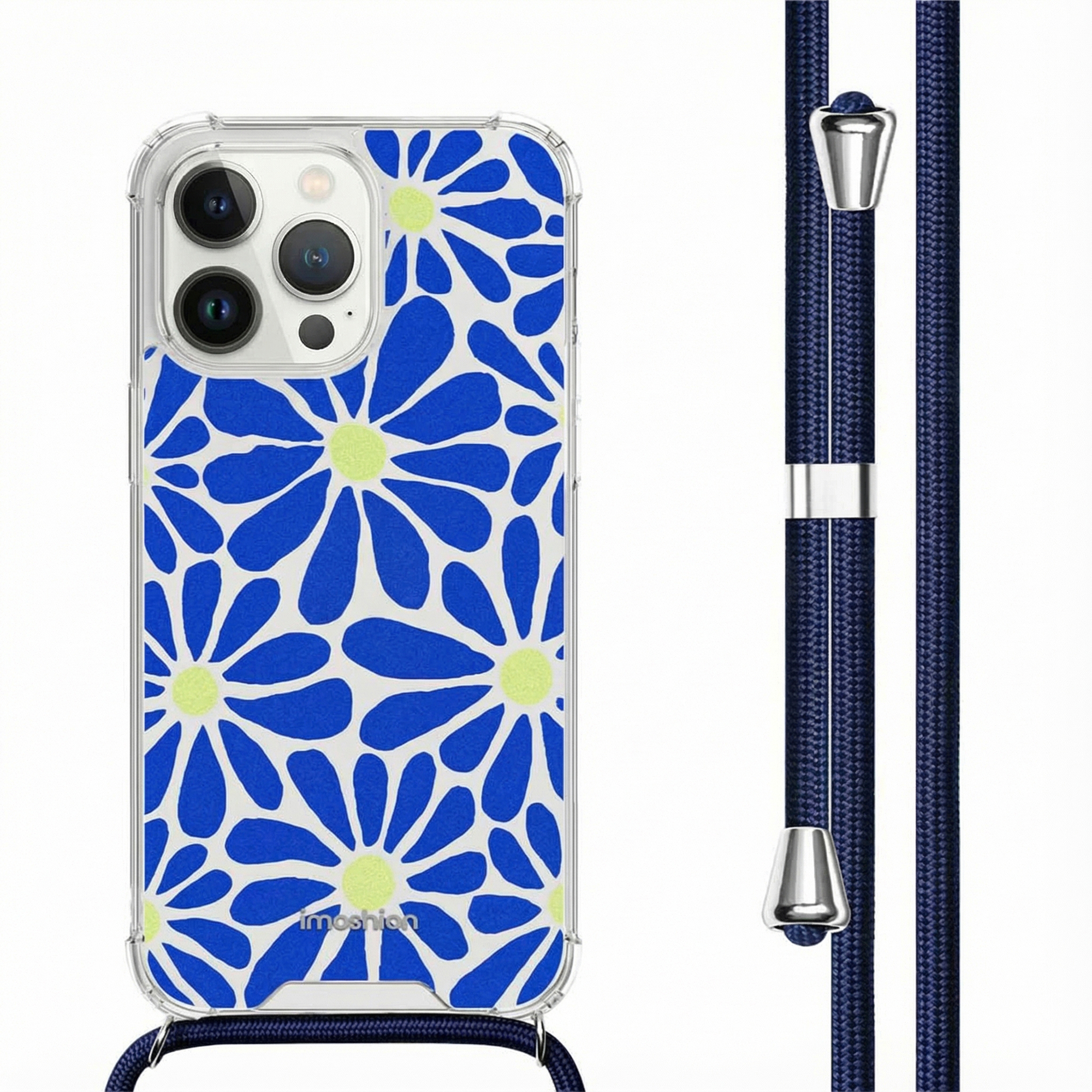 Une coque de téléphone transparente avec un motif floral bleu et une lanière bleu marine.