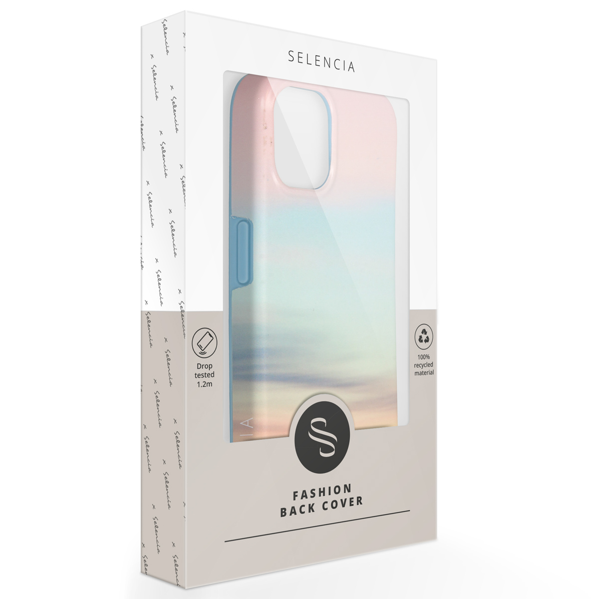 Emballage pour coque de téléphone avec dégradé pastel et logo.