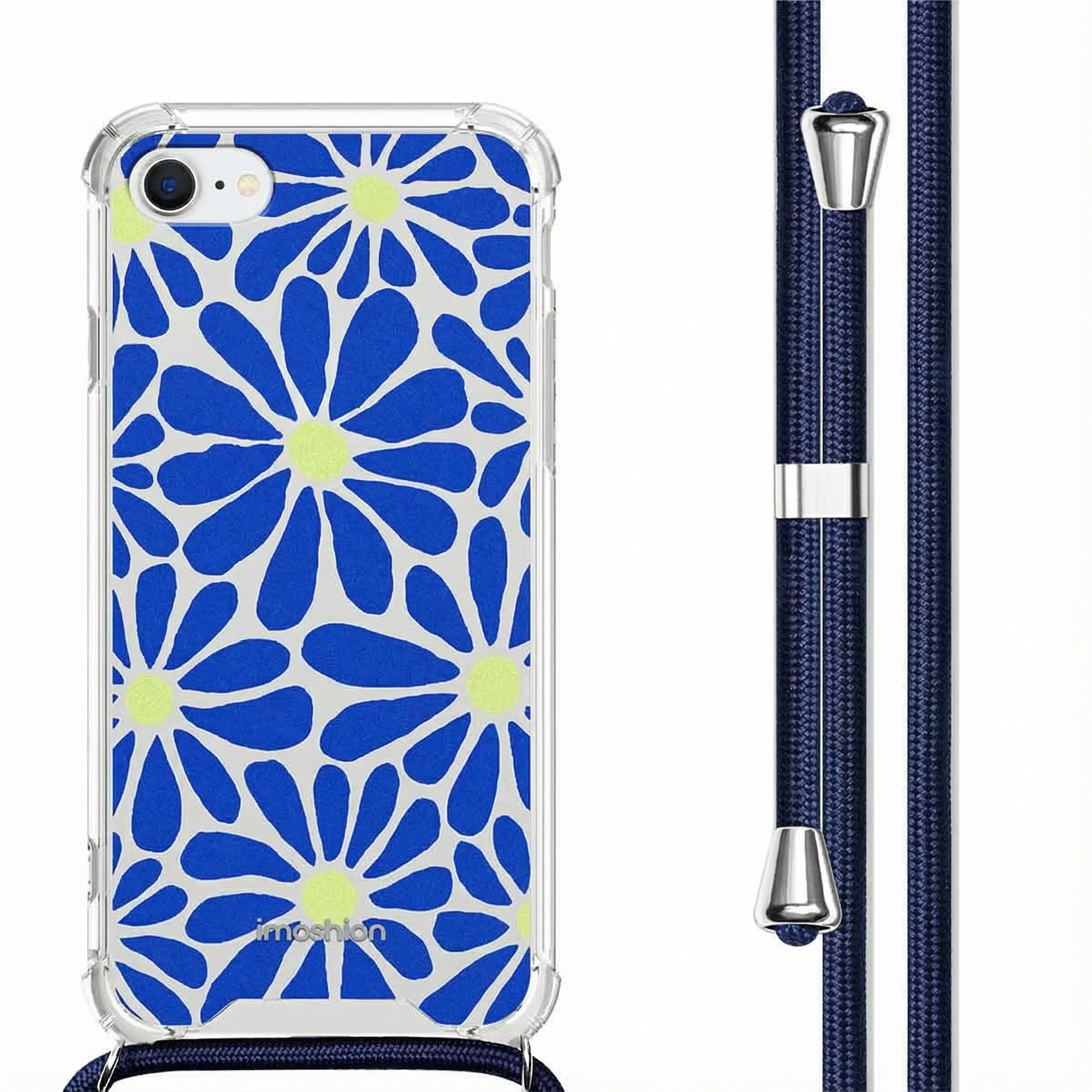Doorzichtige hoes met blauwe bloemen en gele middelpunten, naast donkerblauw koord met zilveren beslag.