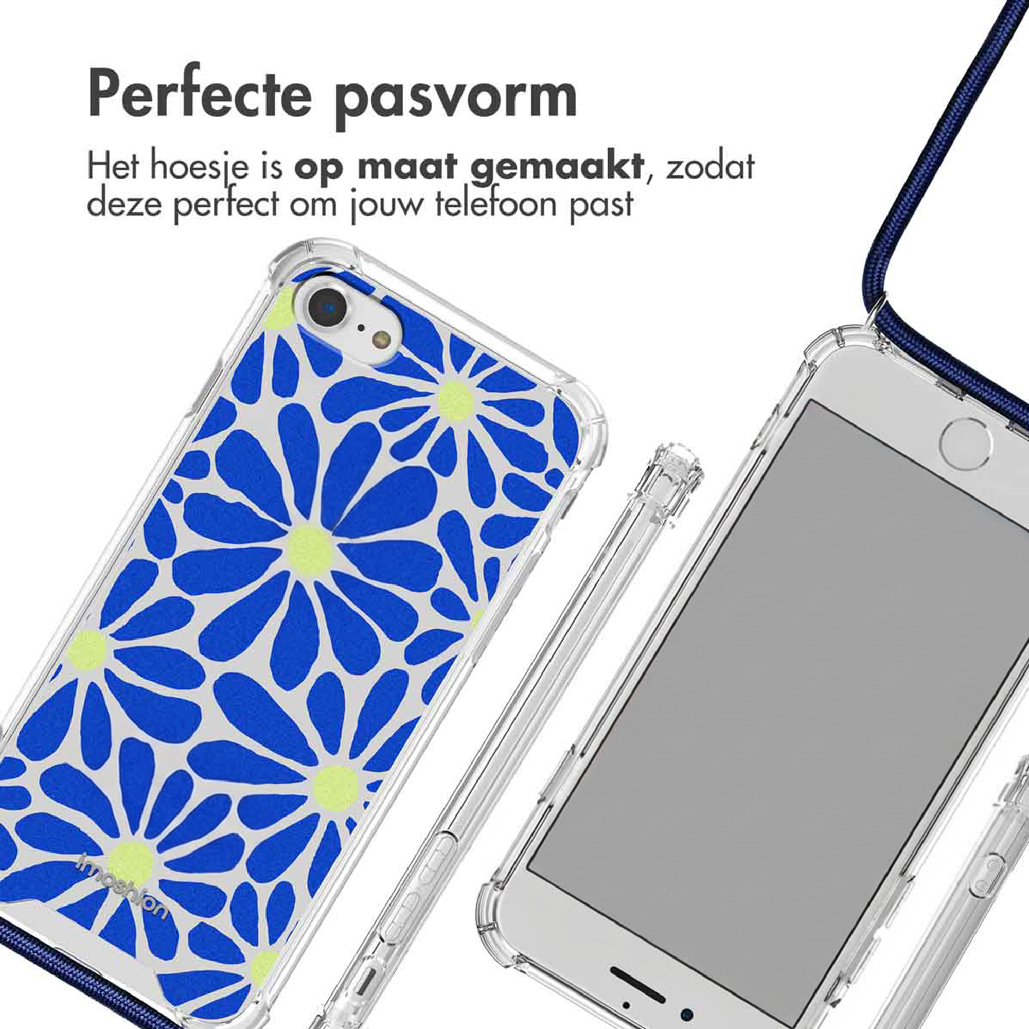 Transparante telefoonhoes met blauw bloemenpatroon en gele accenten.