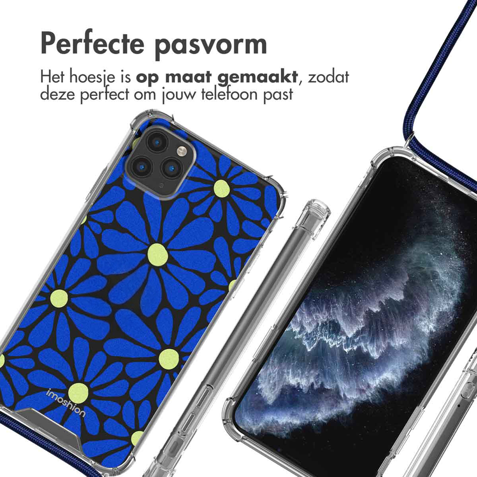 Une coque de téléphone à motif floral bleu et jaune avec un cordon bleu.