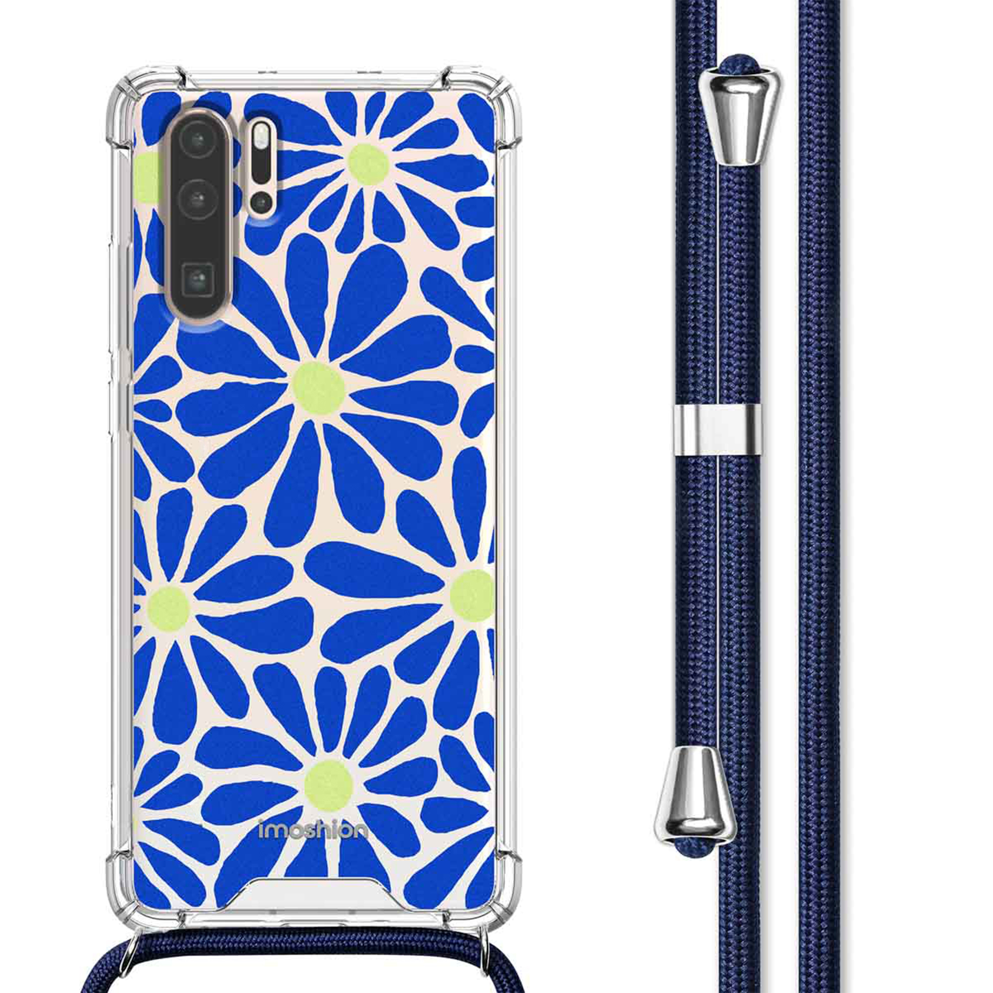 Doorzichtige telefoonhoes met blauw bloemenpatroon en koord.