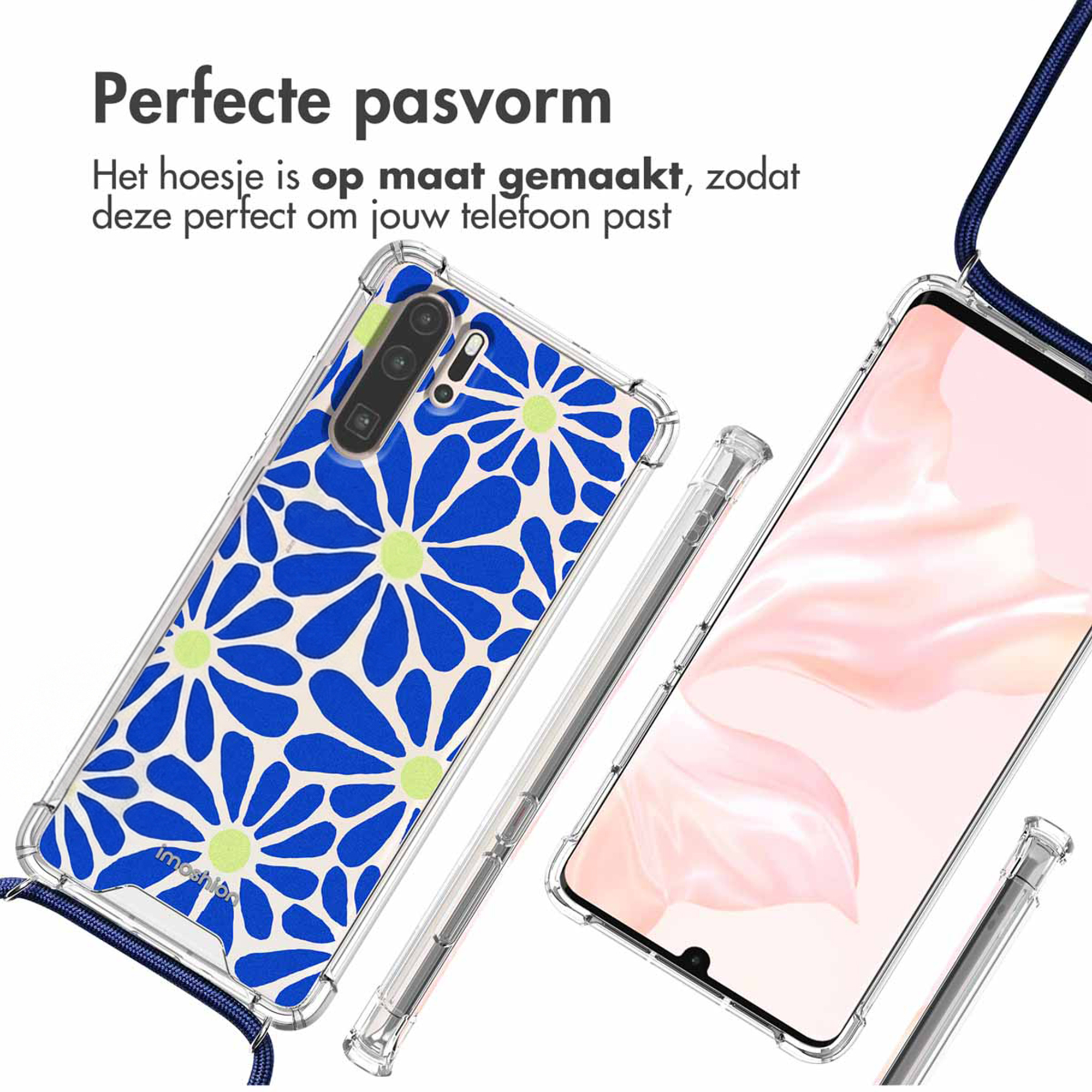 Doorzichtige telefoonhoes met blauw-groen bloemenpatroon en riem.