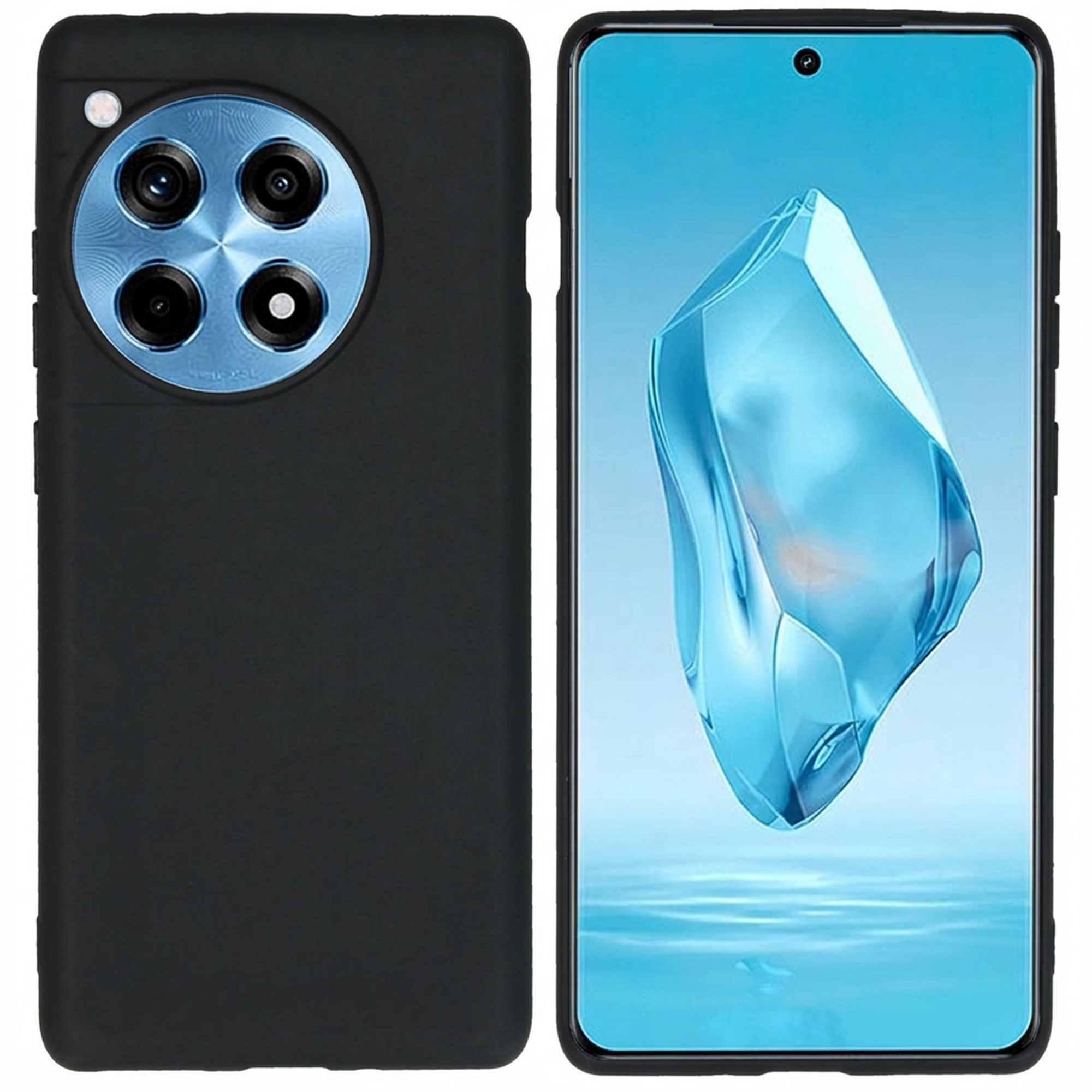 Coque de téléphone noire avec quadruple caméra à côté d'un smartphone affichant un fond de glace bleue.