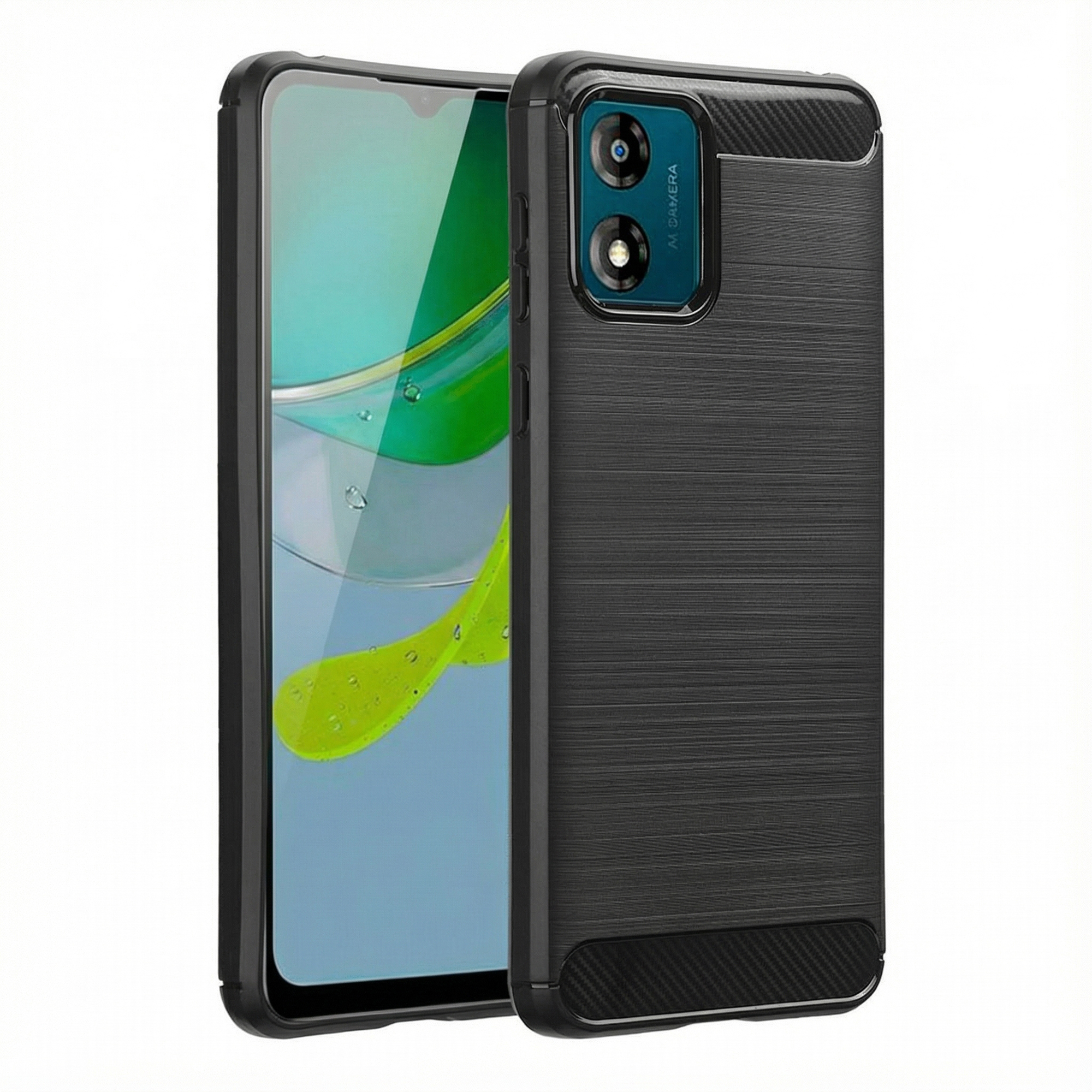 Zwarte telefoonhoes met geborstelde textuur en dubbele camera's aan de achterkant.