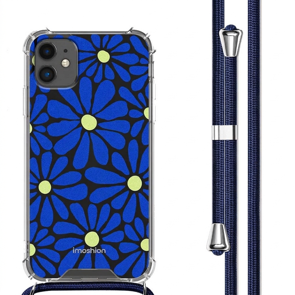 iPhone hoesje met blauw bloemenpatroon en koord ernaast.