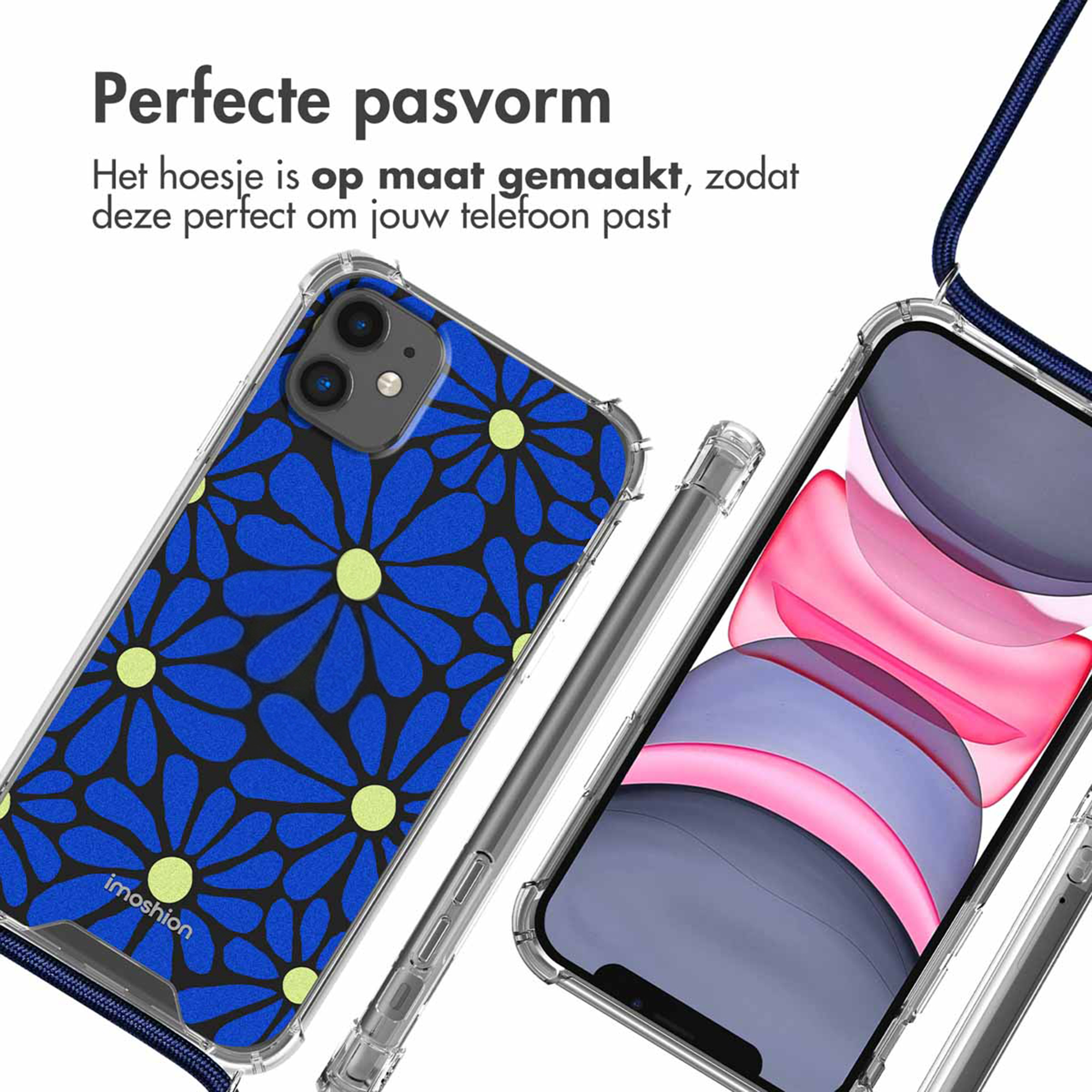 Twee doorzichtige telefoonhoesjes, één met blauw bloemenpatroon.