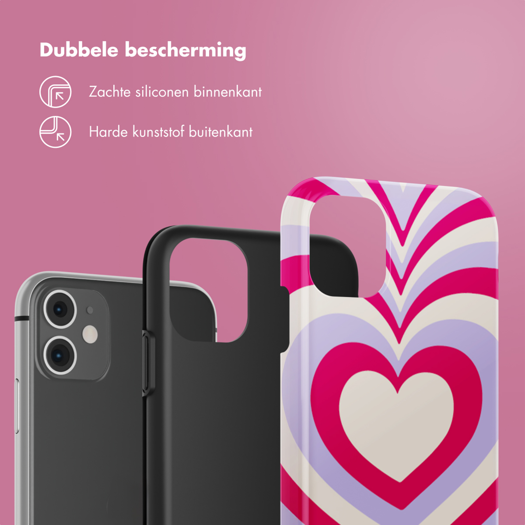 Due custodie per telefono, una con motivo a cuore, su sfondo rosa.