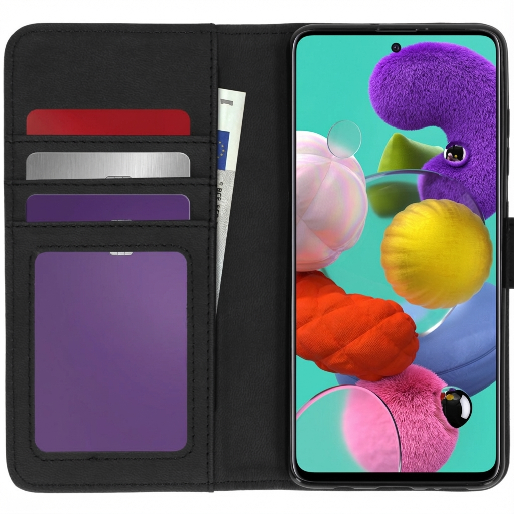 Zwarte telefoonhoes met kaartsleuven voor een smartphone met kleurrijke achtergrond.