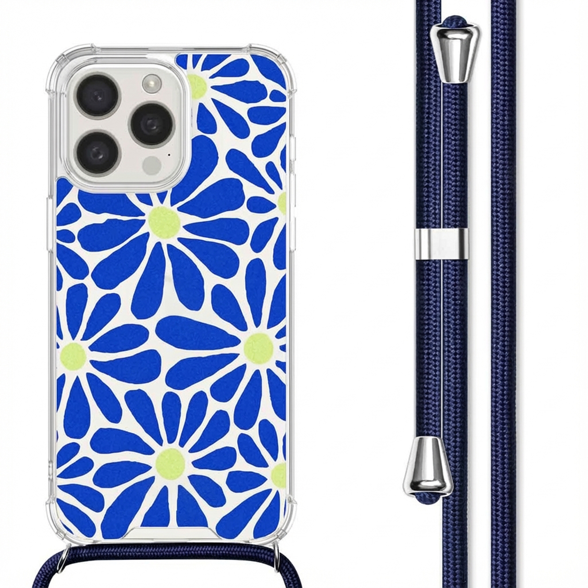 Une coque de téléphone transparente avec un motif floral bleu et une lanière.