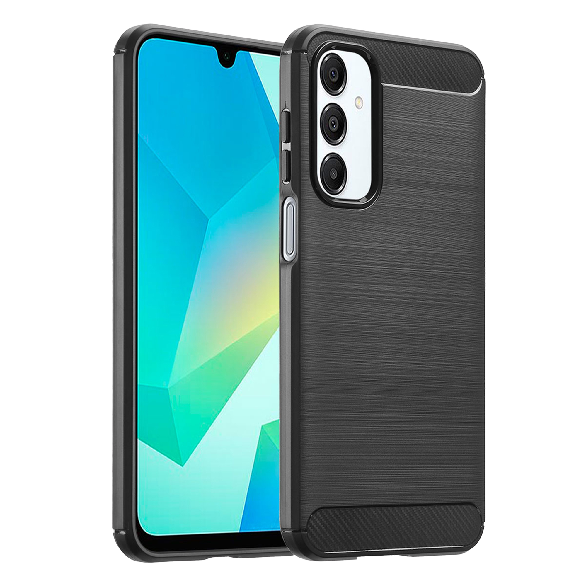 Zwarte telefoonhoes met getextureerde achterkant en cameramodule, wit decor.