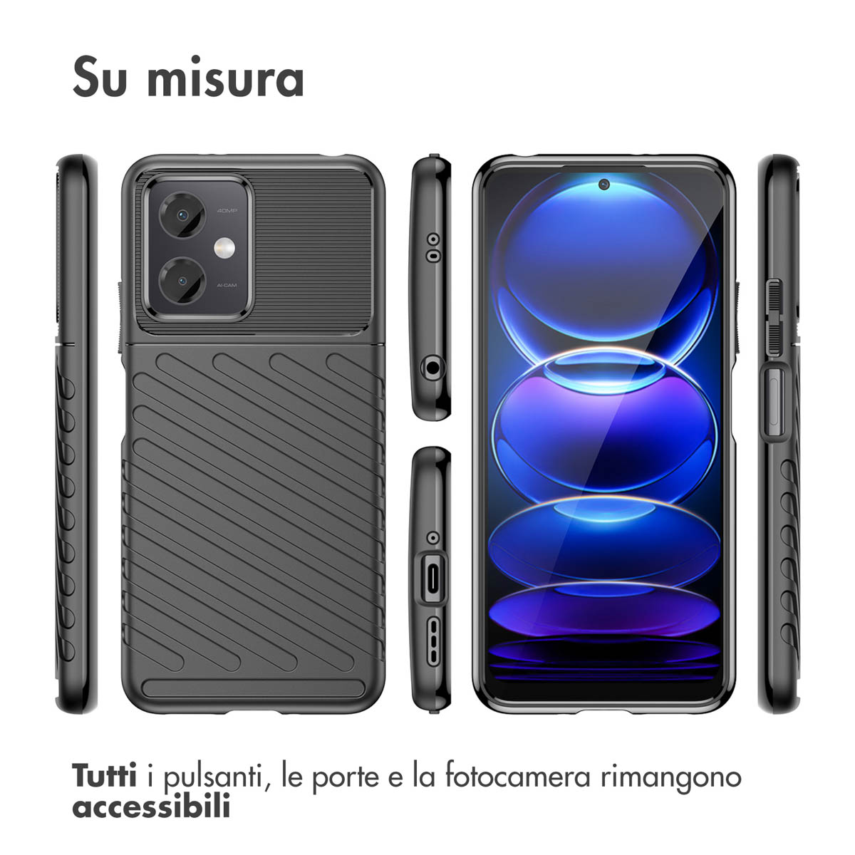 Coque de téléphone noire vue sous plusieurs angles, montrant appareil photo et écran.